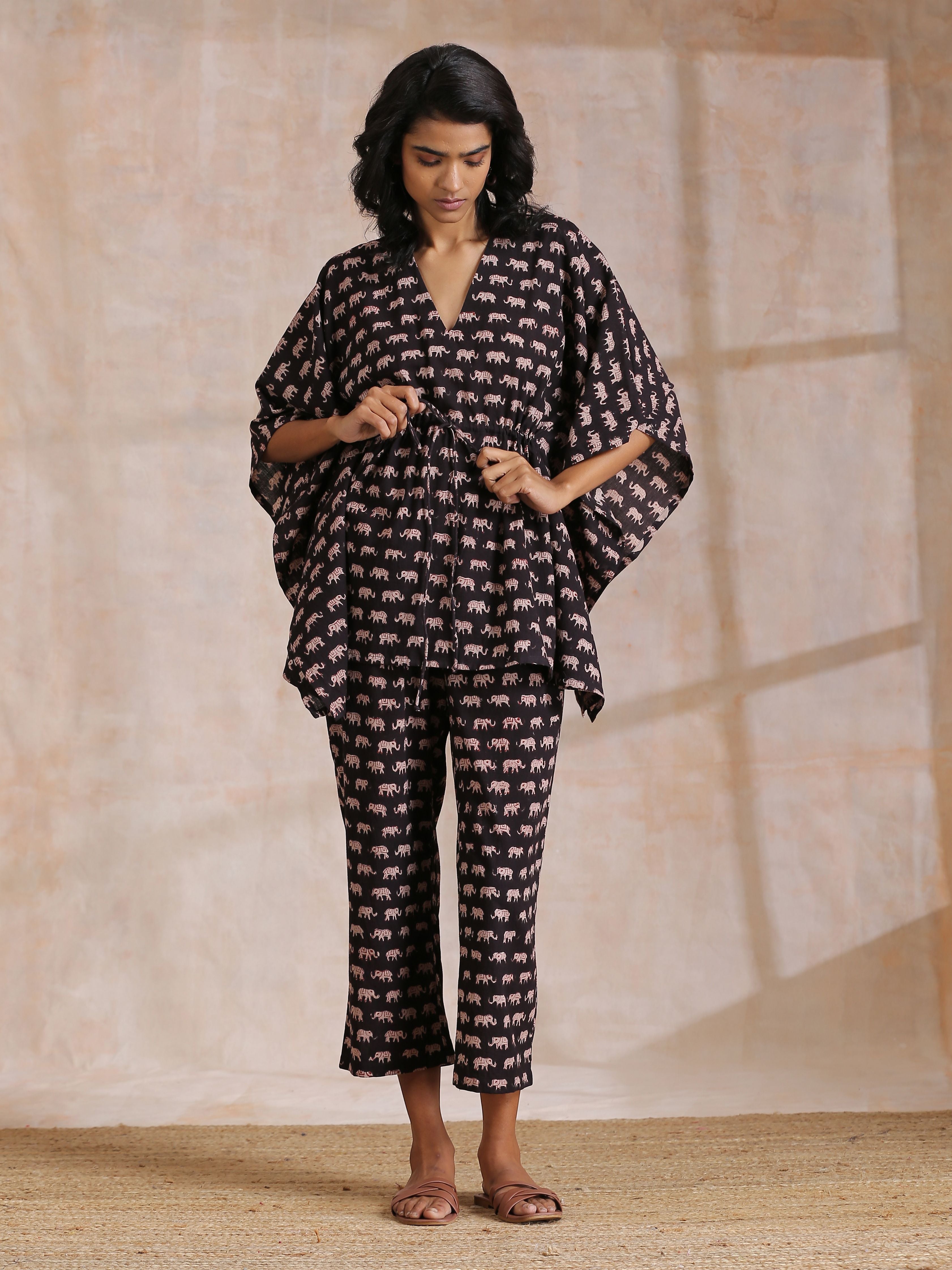 trueBrowns Black Elephant Bagru Print Cotton Kaftan Co-Ord Set