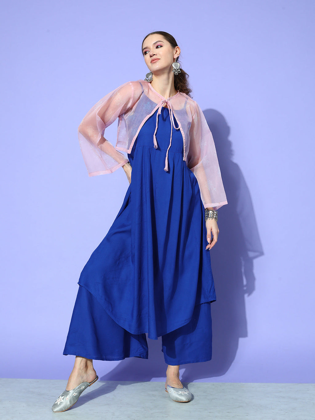 InWeave Women's Ink Blue Strappy Set With Pink Chintz Print Short Organza Cape