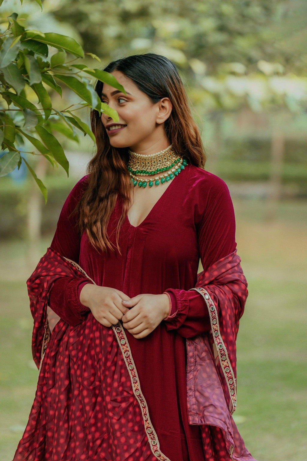 trueBrowns Pink Velvet Pleated Kurta