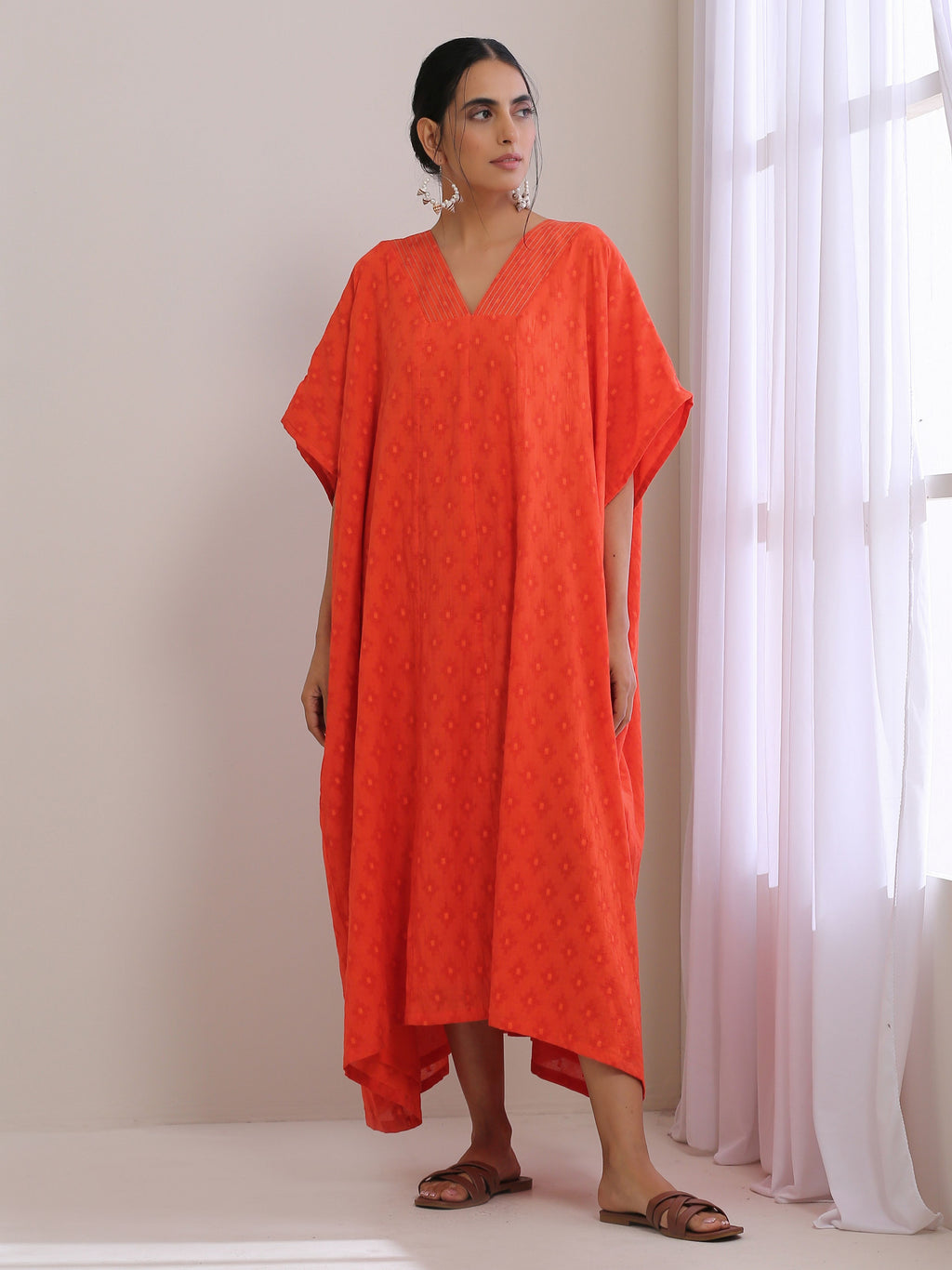trueBrowns Orange Dobby Panel Kaftan Dress