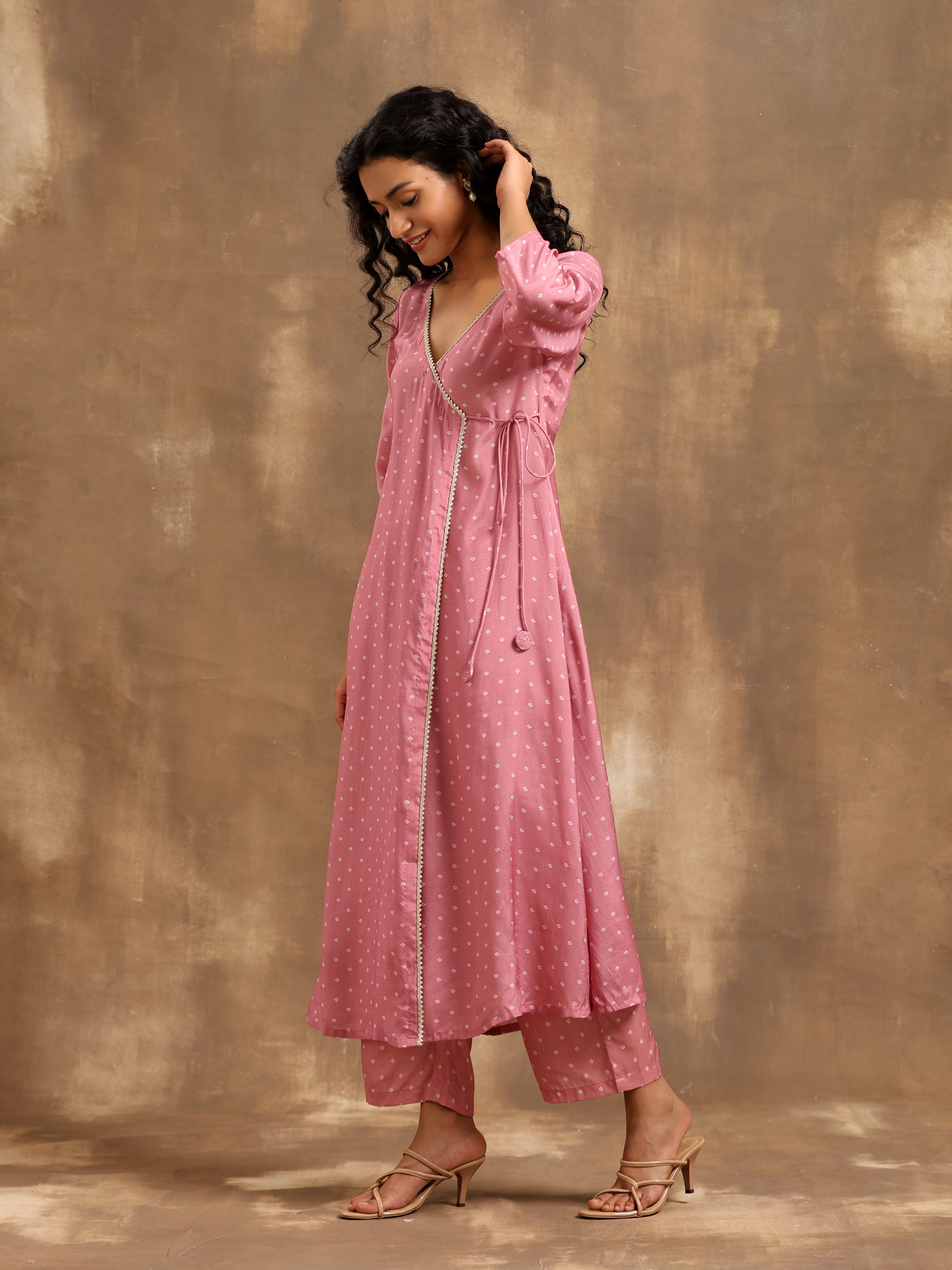 trueBrowns Light Mauve Bandhani Printed Silk Angrakha Kurta Pant Set