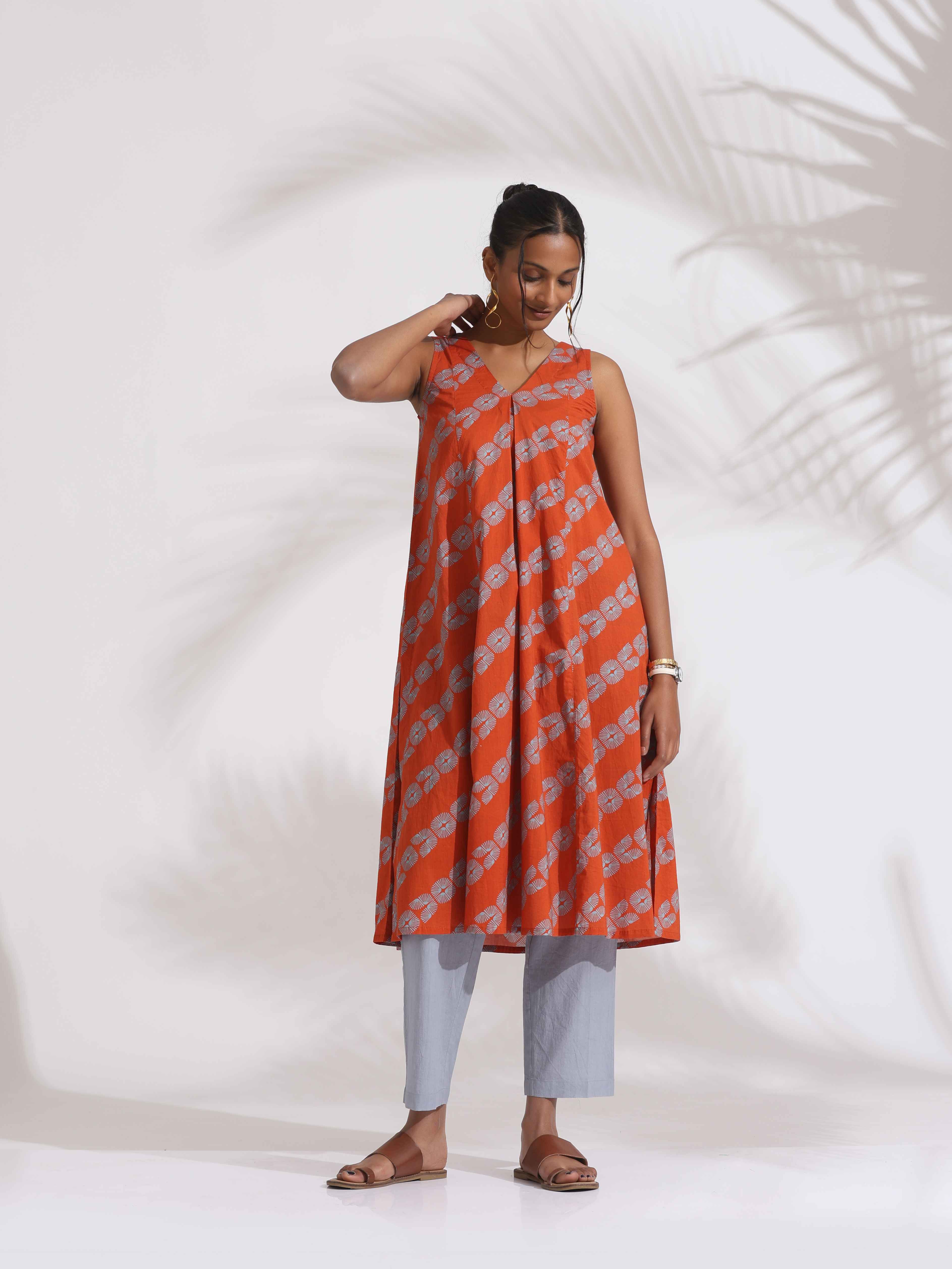 trueBrowns Orange Cotton Print Sleeveless Kurta Set