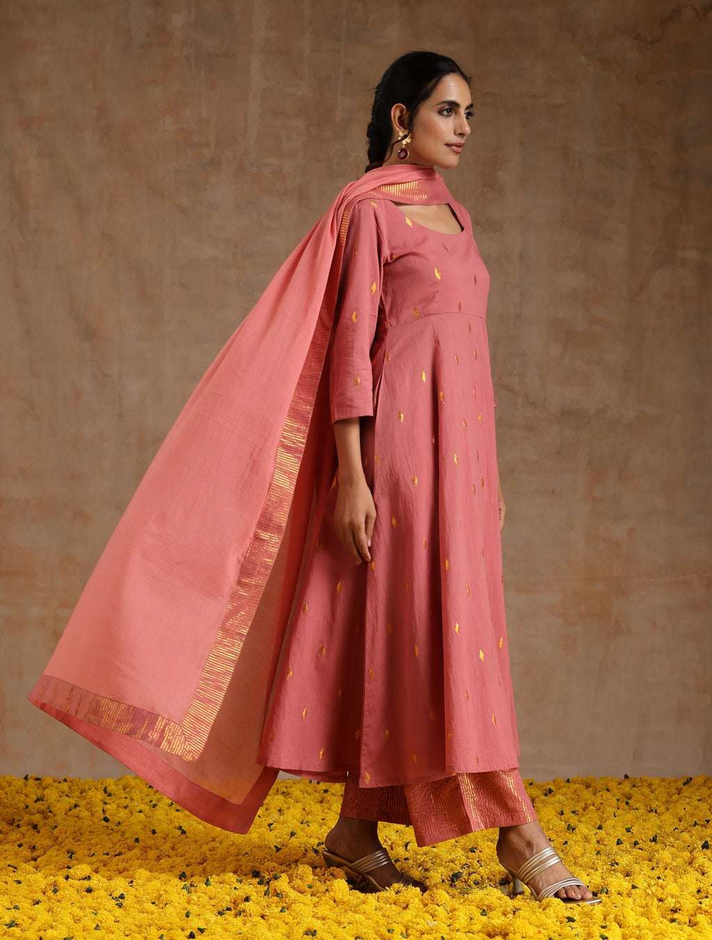 trueBrowns Blush Gold Cotton Anarkali Set