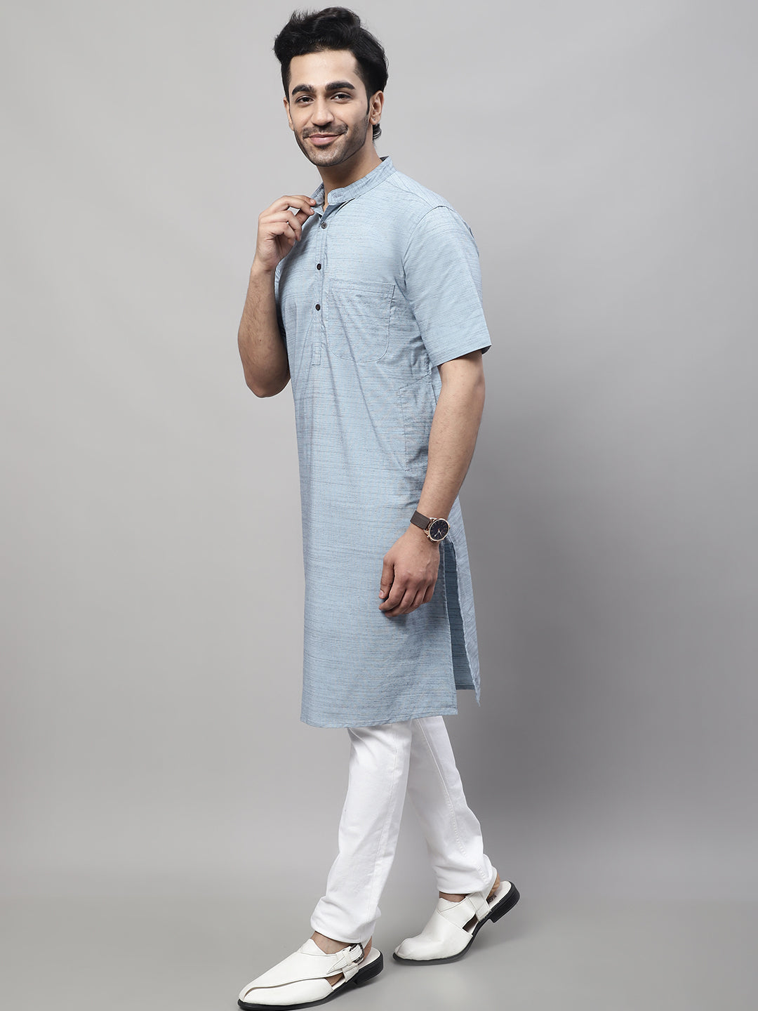 Even Apparels Blue Pure Cotton Kurta With Band Collar