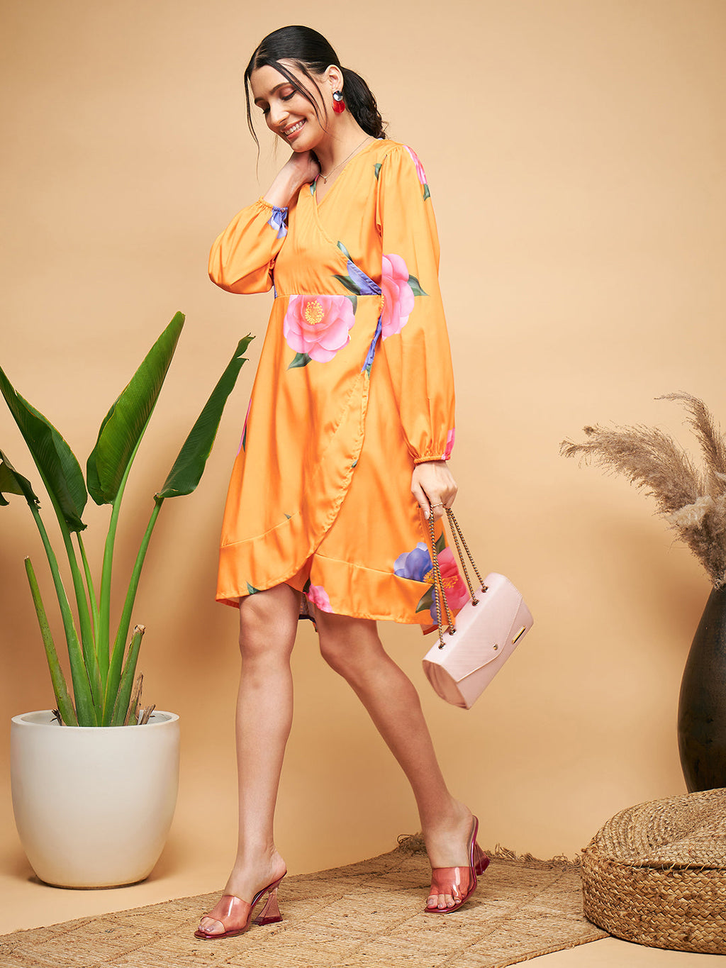 InWeave Women's Haldi Yellow Pink Mauve Flower Belted Dress