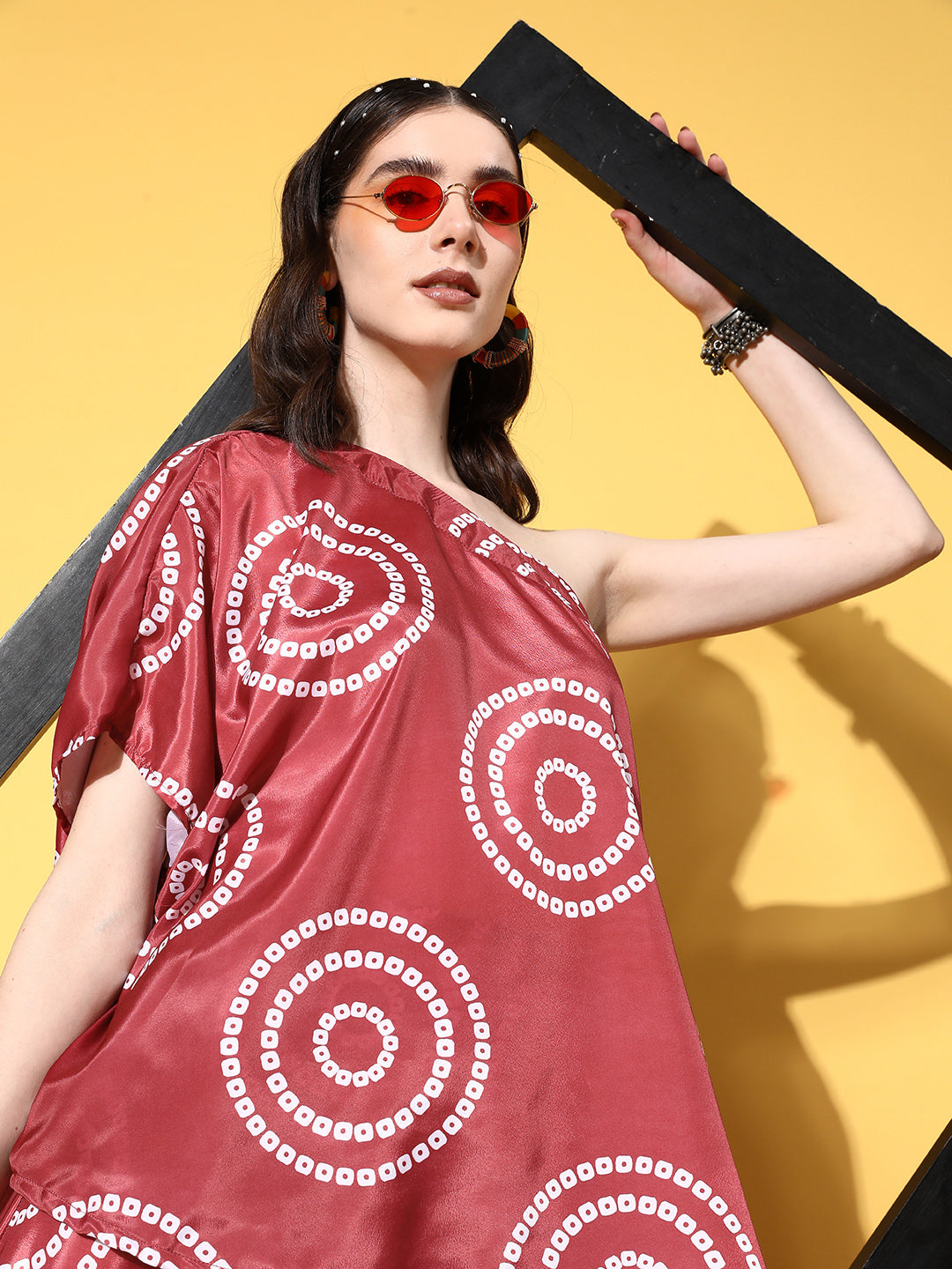 InWeave Women's Maroon Bandhani Motif One Shoulder Palazzo Set