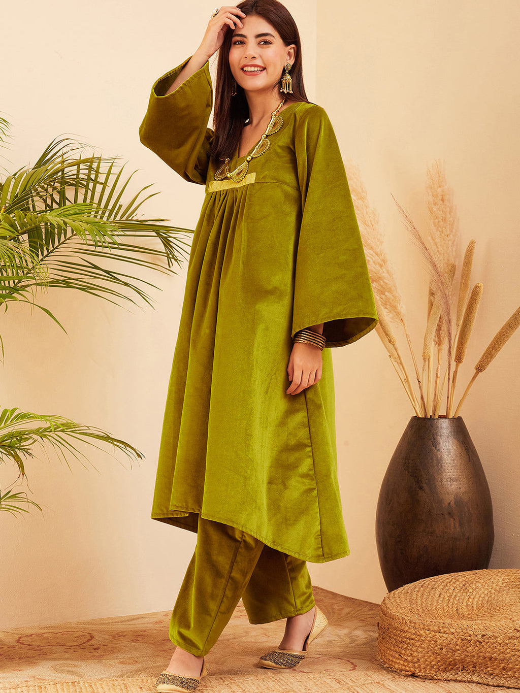 InWeave Women's Olive V Neck Asymmetrical Pleated Velvet Kurta Set