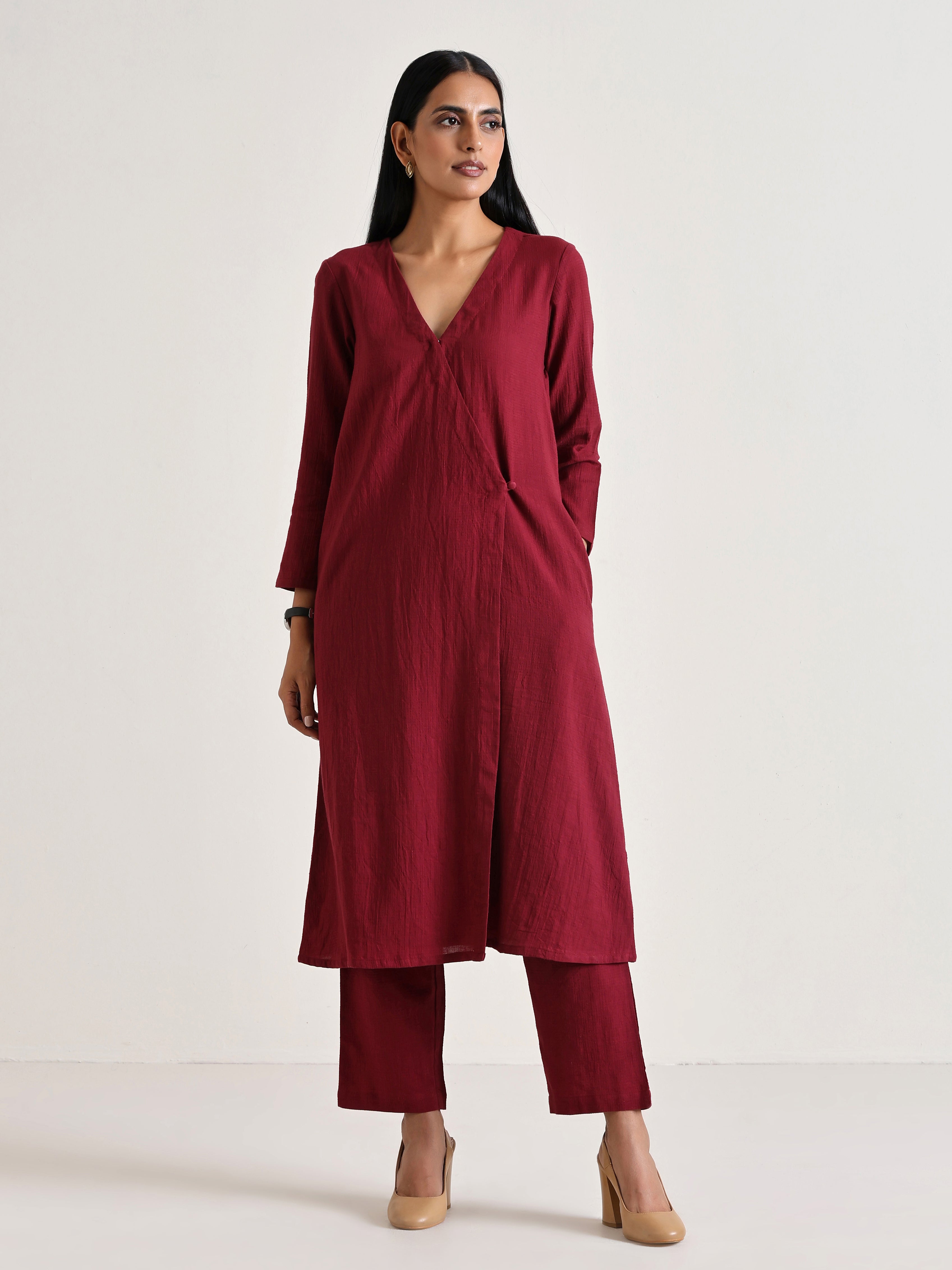 trueBrowns Maroon Angrakha Kurta Set