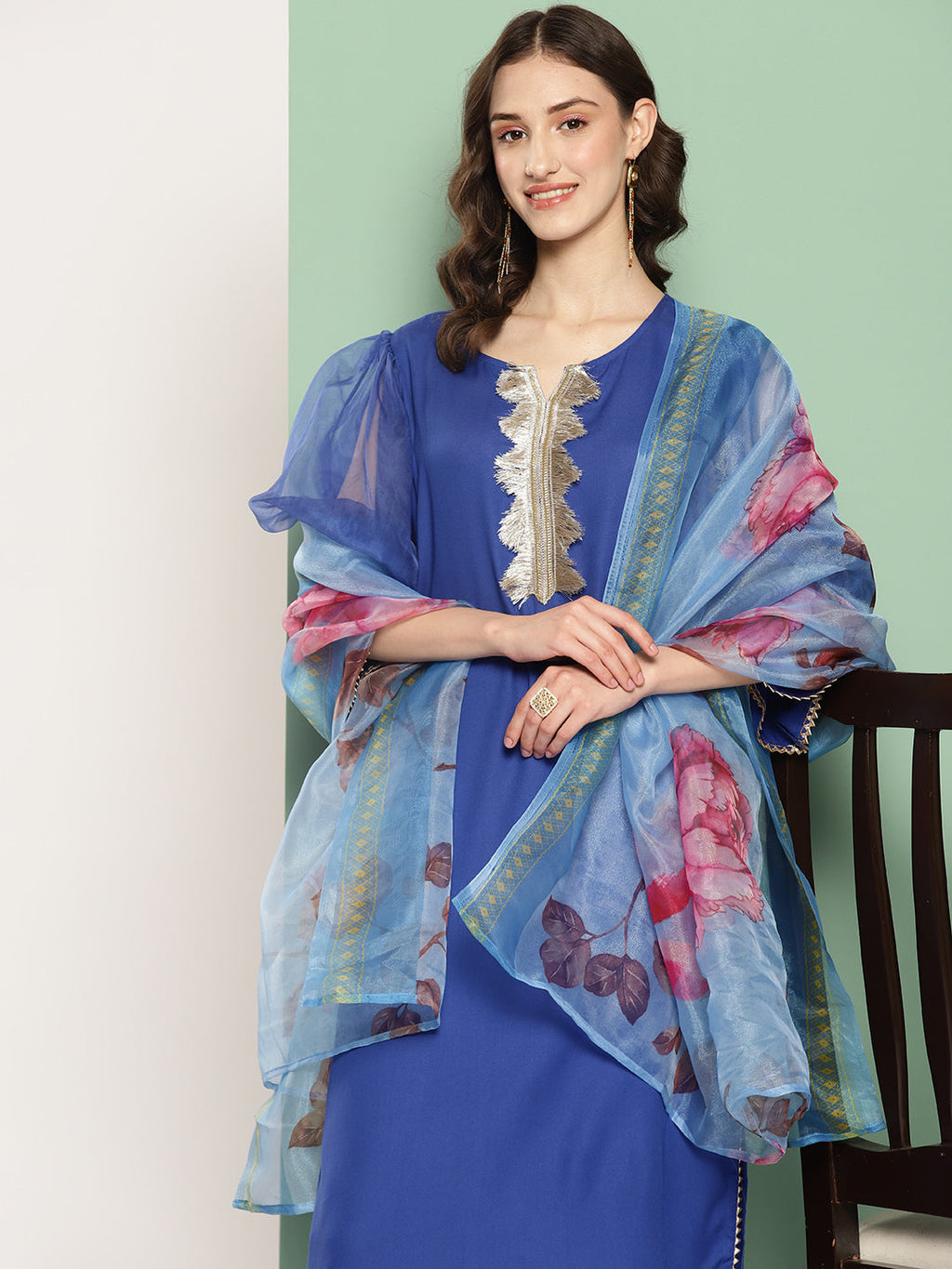 InWeave Women's Ink Blue Organza Sleeve Kurta Set W Blue Fuchsia Or Dupatta