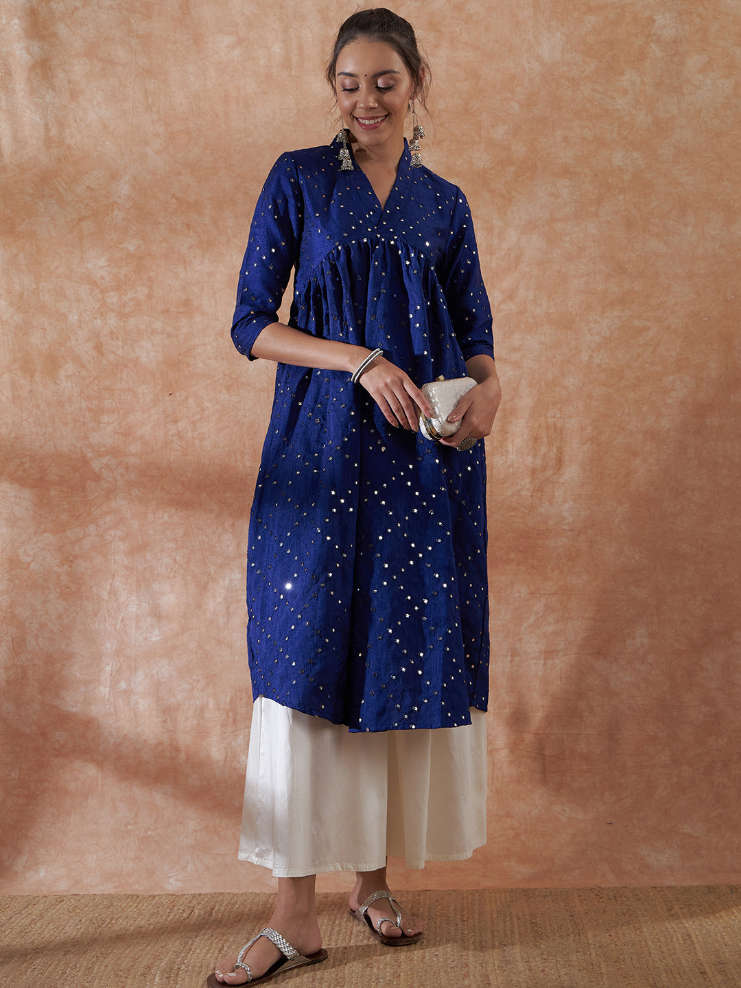 InWeave Women's Blue Mirror Work Flared Kurta