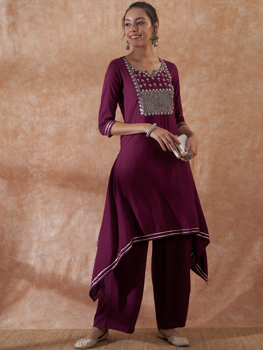InWeave Women's Burgundy Emb Assymetrical Kurta Pant Set