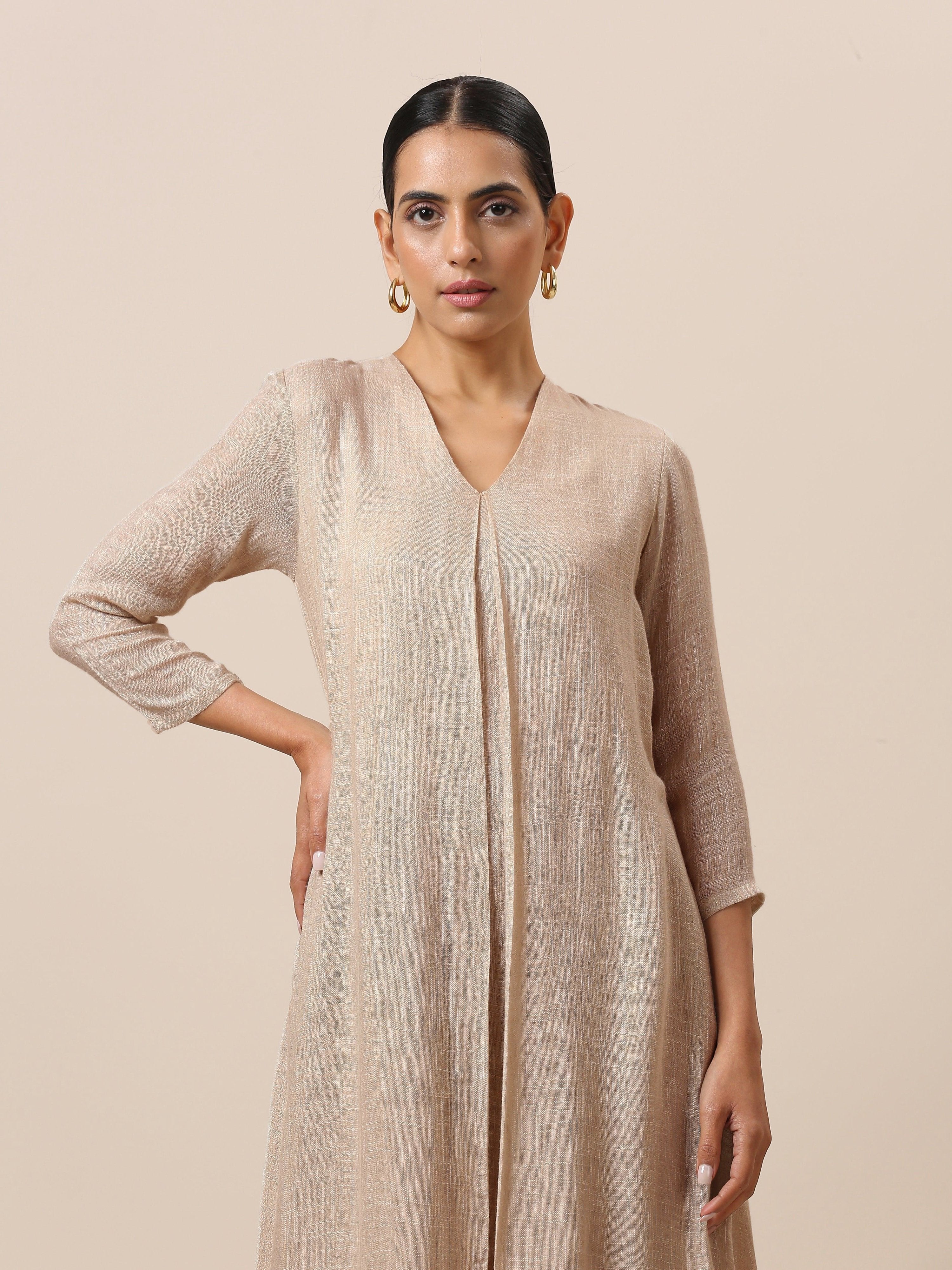 trueBrowns Linen Beige Textured Slit Kurta Pant Set