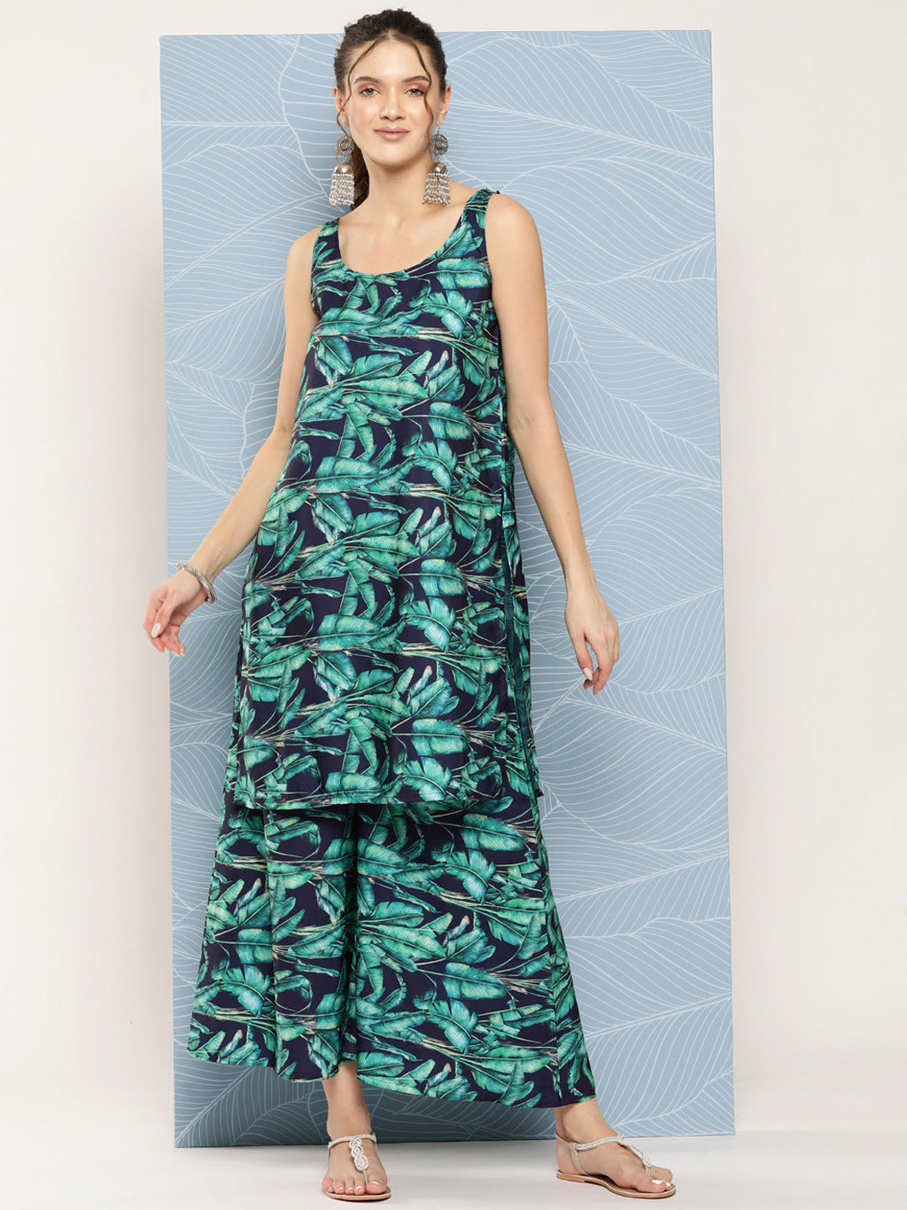 InWeave Women's Navy Green Big Leaf Print Crepe Kurta Set