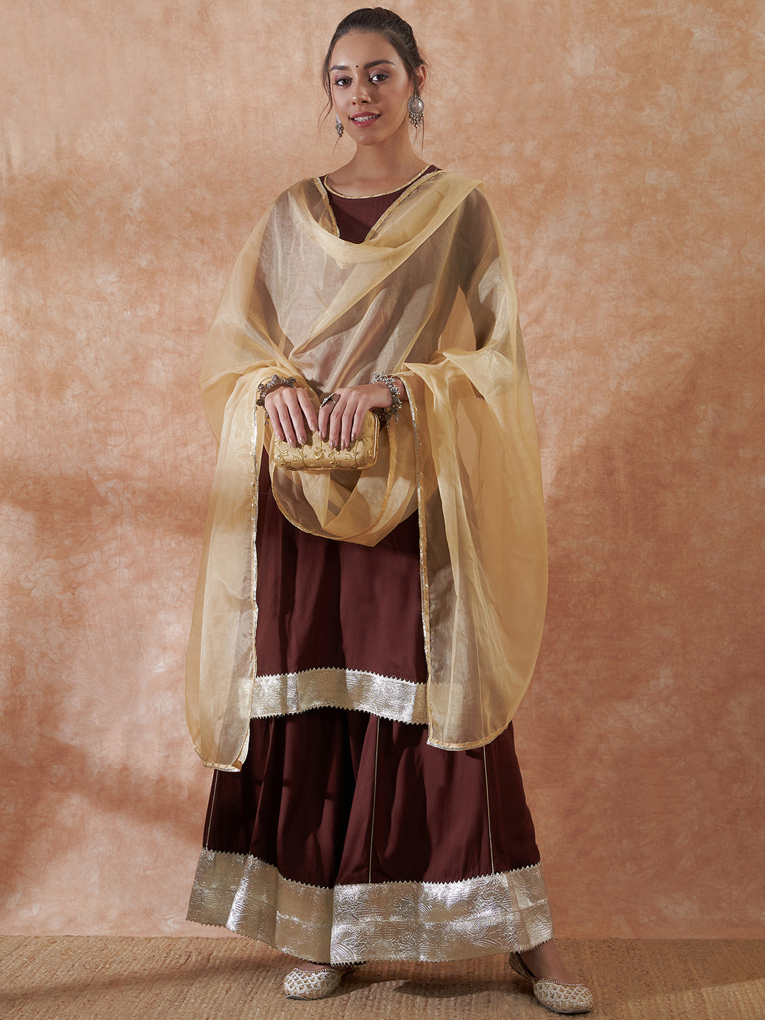 InWeave Women's Brown Gota Work Anarkali Kurta Set W Dupatta
