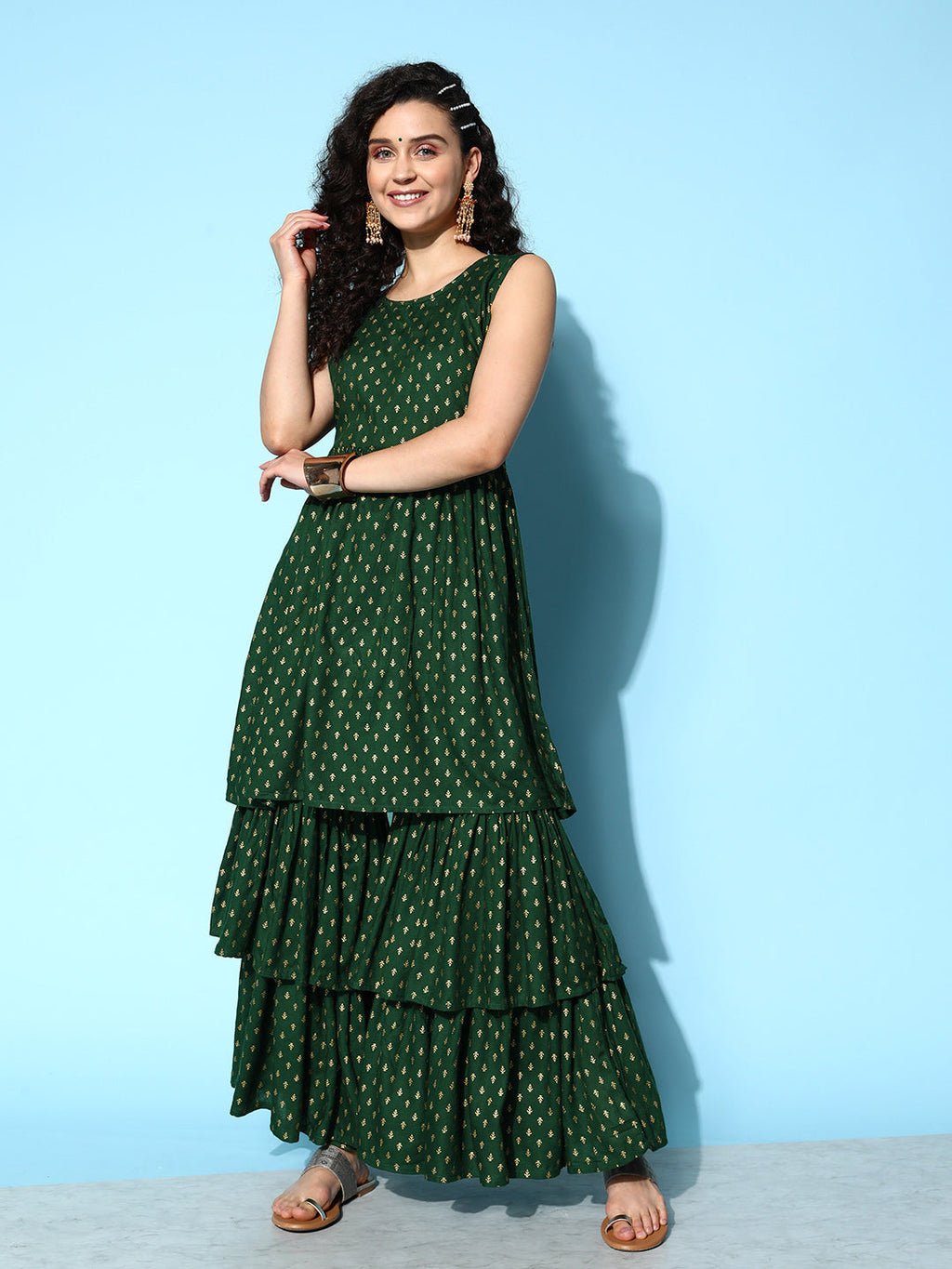 InWeave Women's Forest Green Gold Print Tiered Sharara Set