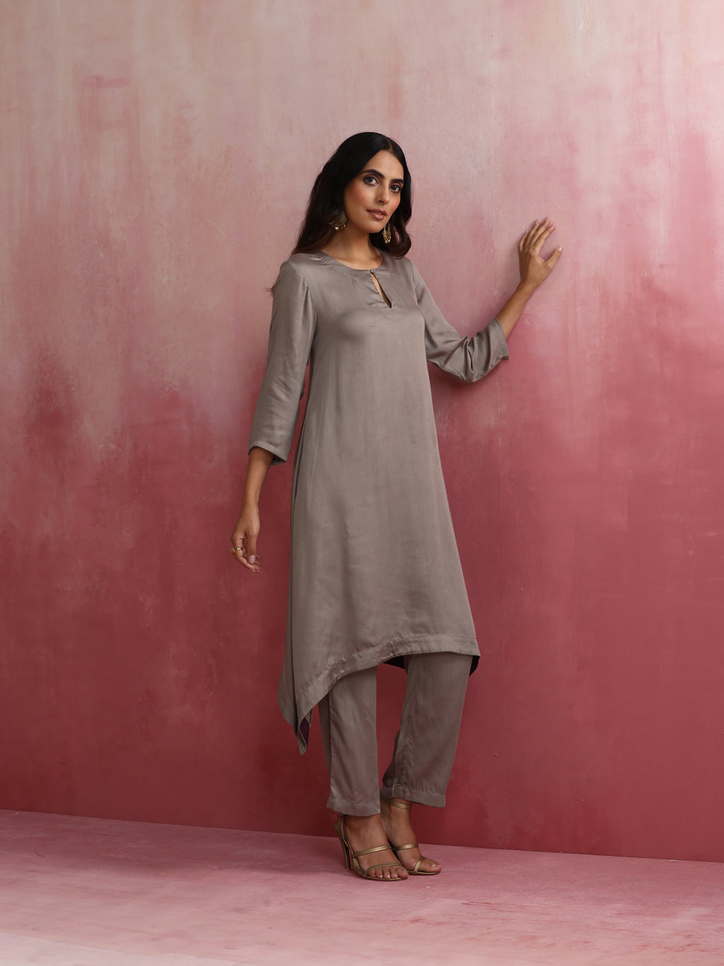 trueBrowns Grey High low Kurta Set
