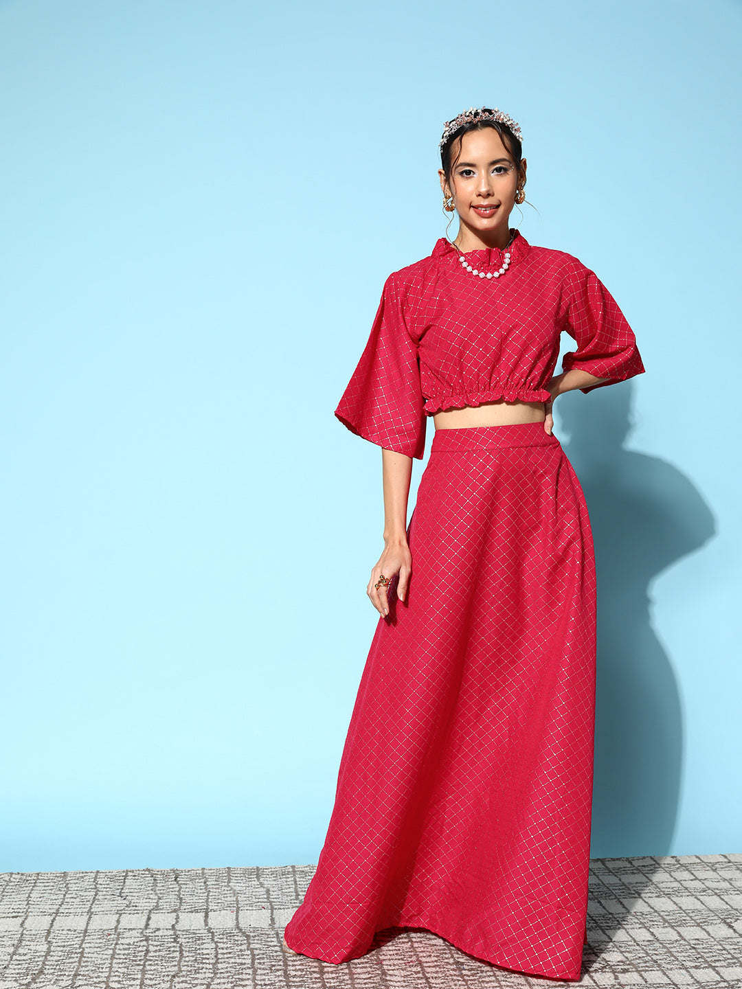 InWeave Women's Candy Red Gold Crop Top With Side Slit Skirt
