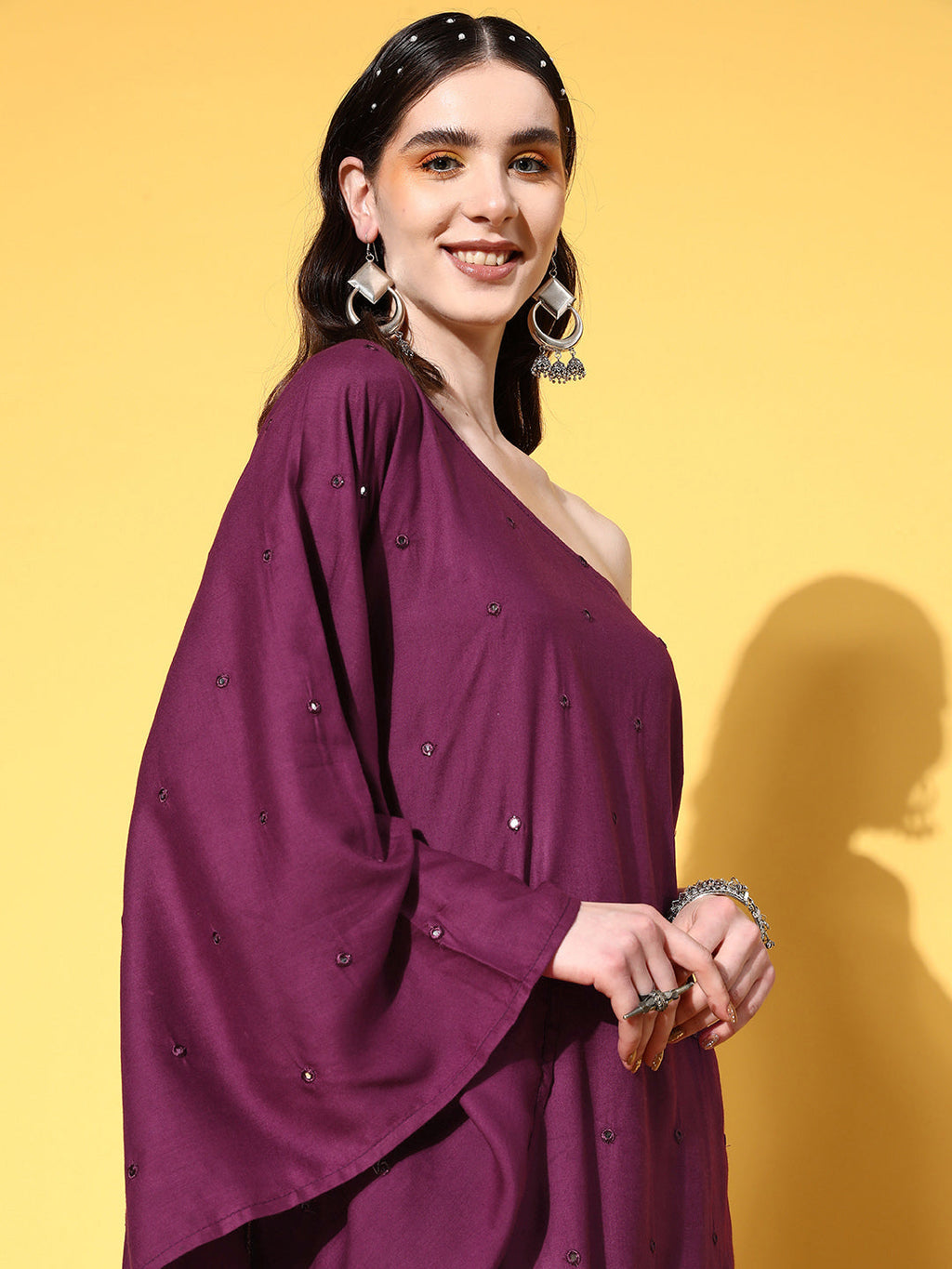 InWeave Women's Wine Mirror Work One Shoulder Kurta Set