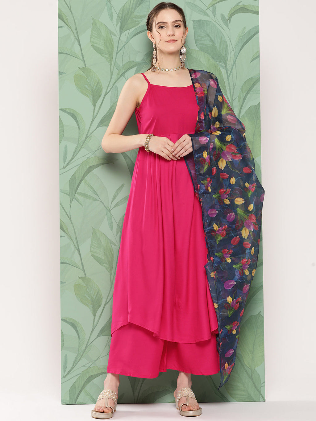 InWeave Women's Fuchsia Strappy Set W Navy Pink Or Dupatta