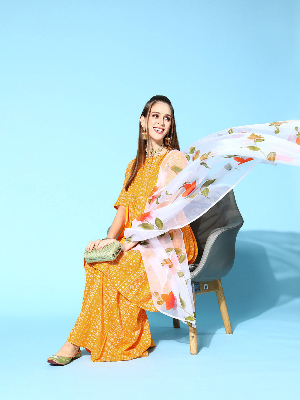 InWeave Women's Yellow Bandhani Sharara Set With Dupatta
