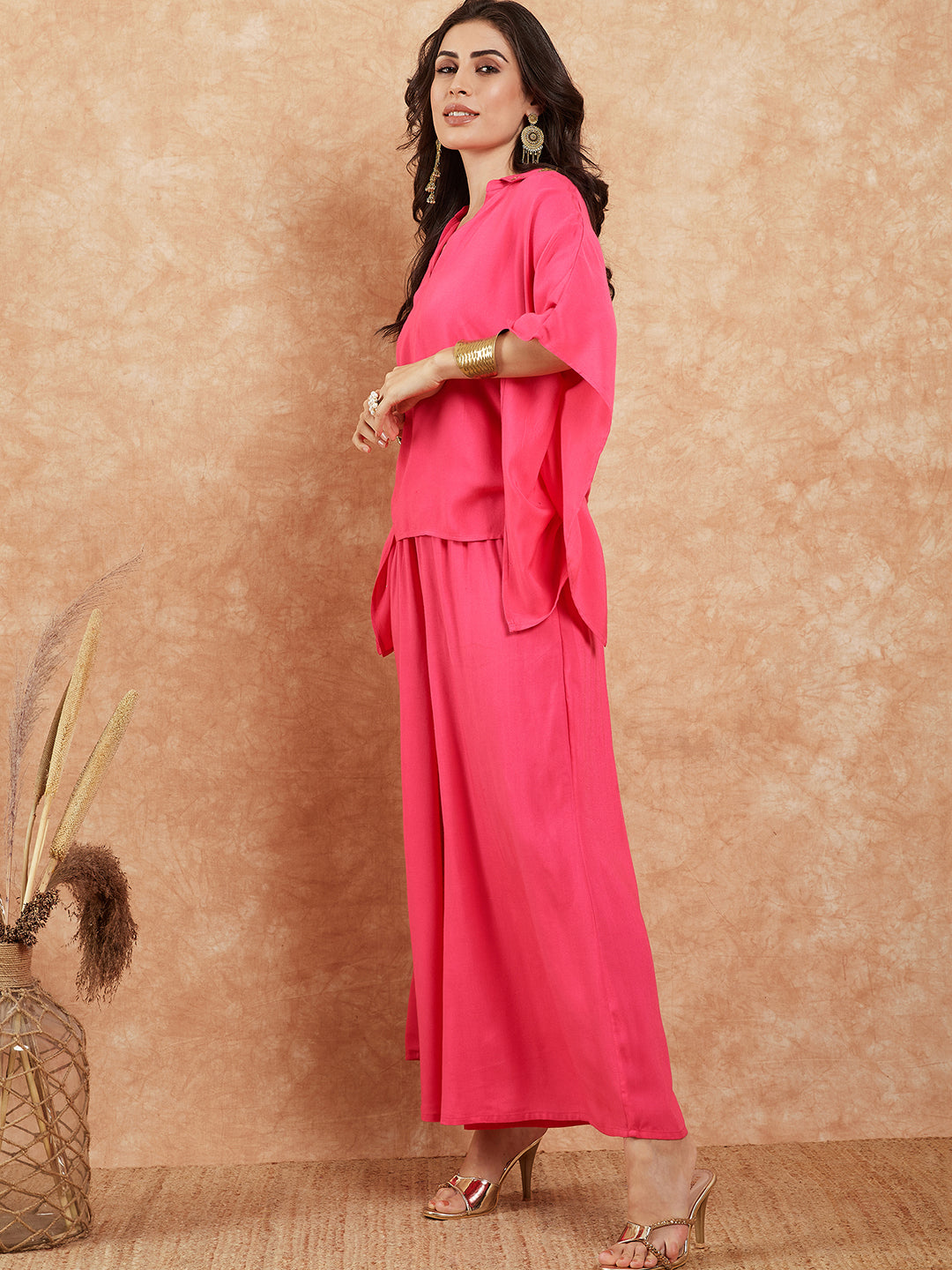 InWeave Women's Fuchsia Solid Collar Neck Boho Top Bottom Set