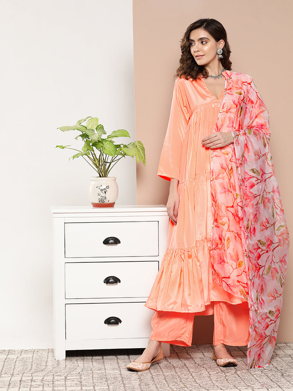 InWeave Women's Peach Tiered Anarkali Kurta Set