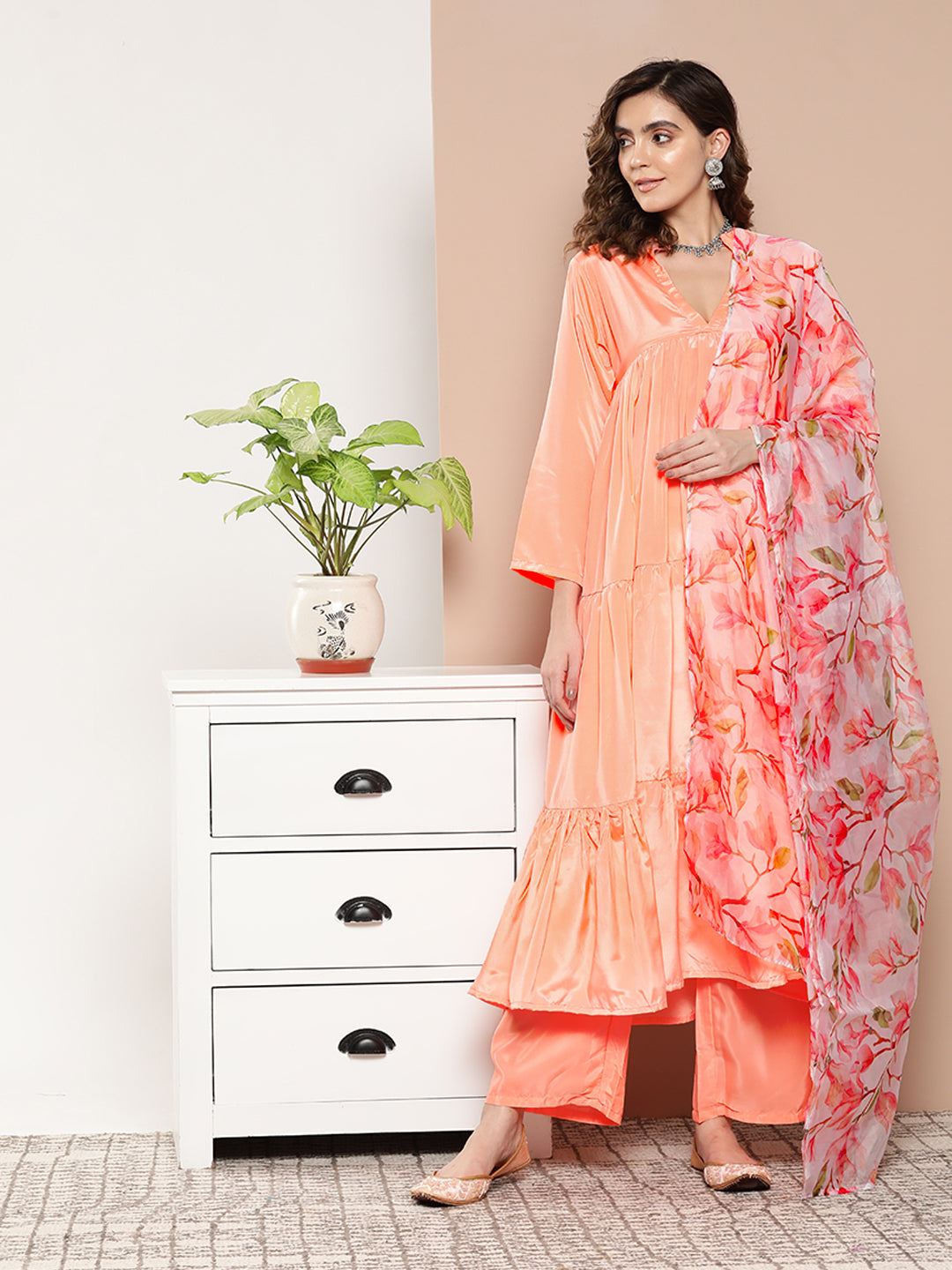 InWeave Women's Peach Tiered Anarkali Kurta Set