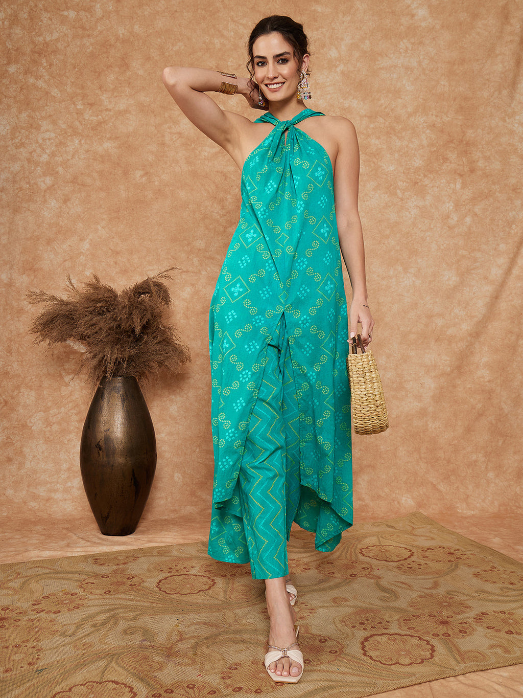 InWeave Women's Aqua S Print Twisted Neckline Kurta Pant Set