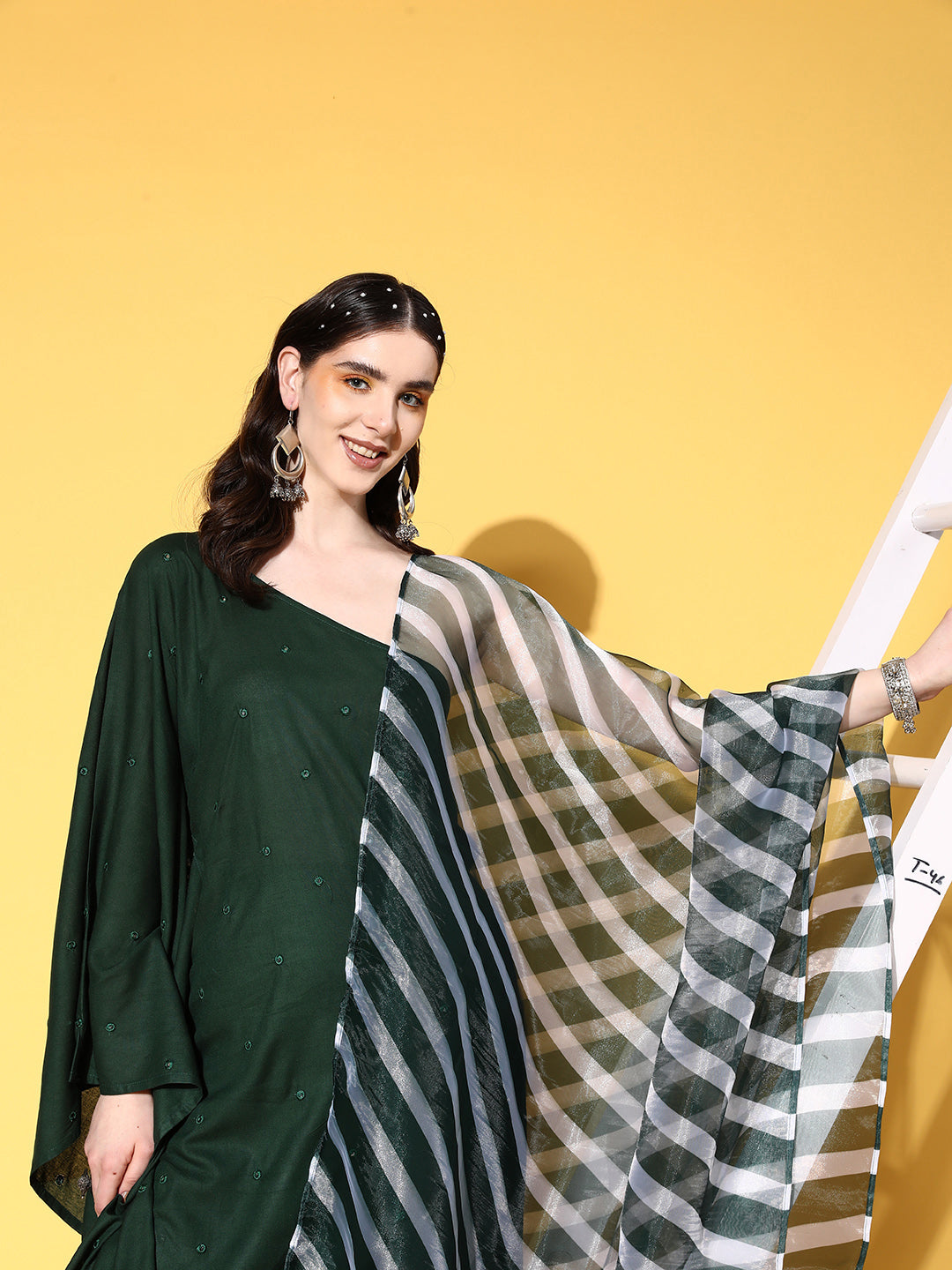 InWeave Women's Green Mirror Work One Shoulder Kurta Set With Dupatta