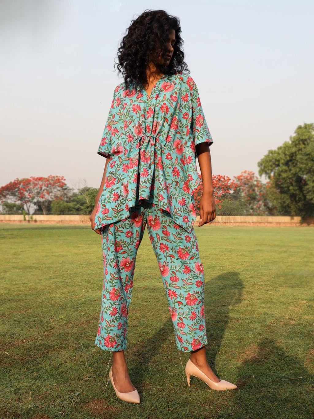 trueBrowns Aqua Cotton Block Print Kaftan Co-Ord Set