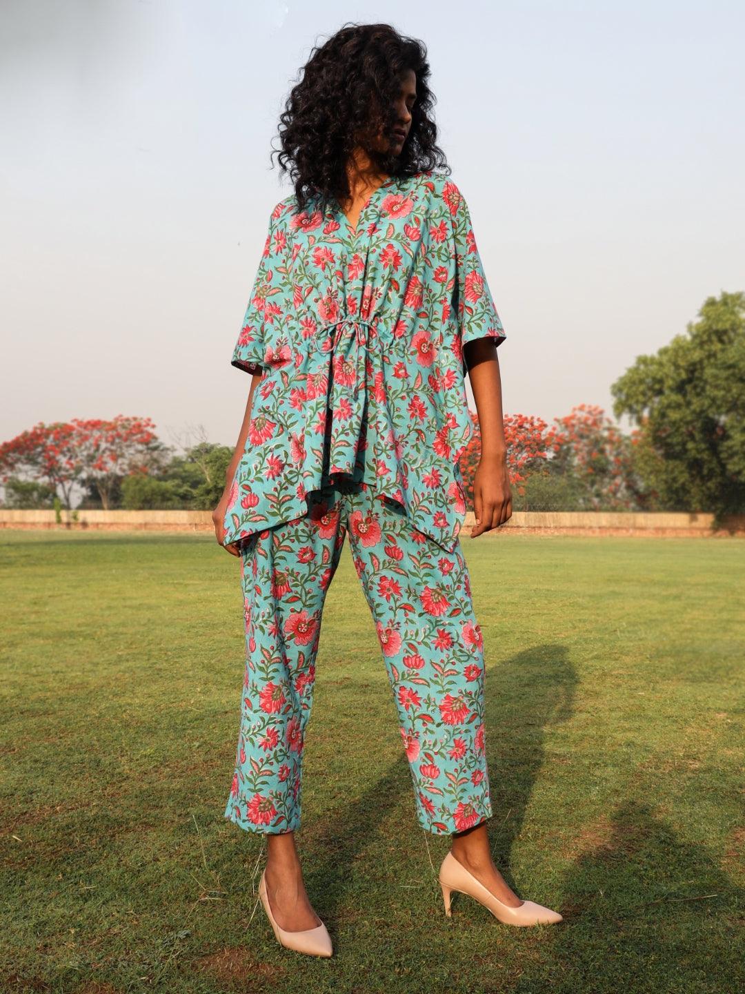 trueBrowns Aqua Cotton Block Print Kaftan Co-Ord Set