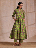 trueBrowns Lime Green Overall Pink Floral Block Print Cotton Flared Kurta Pant Set