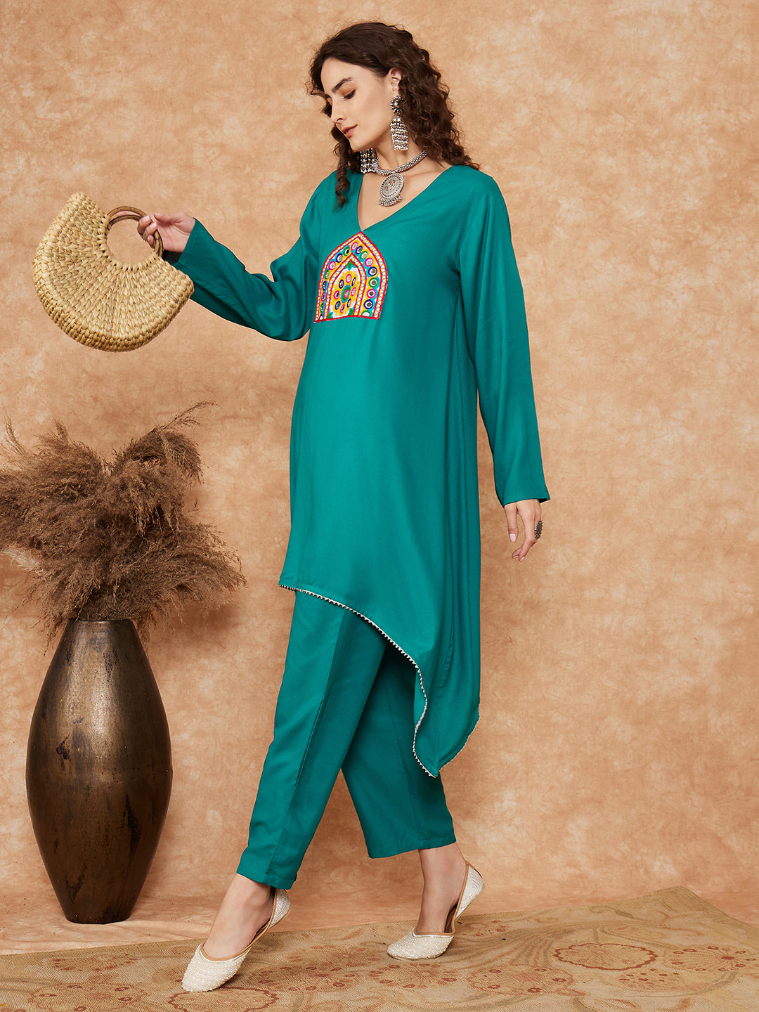 InWeave Women's Teal Trangle Yellow Patch Work Assymentrical Kurta Set