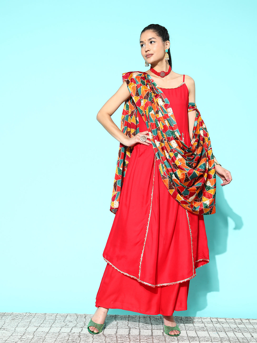 InWeave Women's Red Gota Strappy Set With Multi Foil Muslin Dupatta