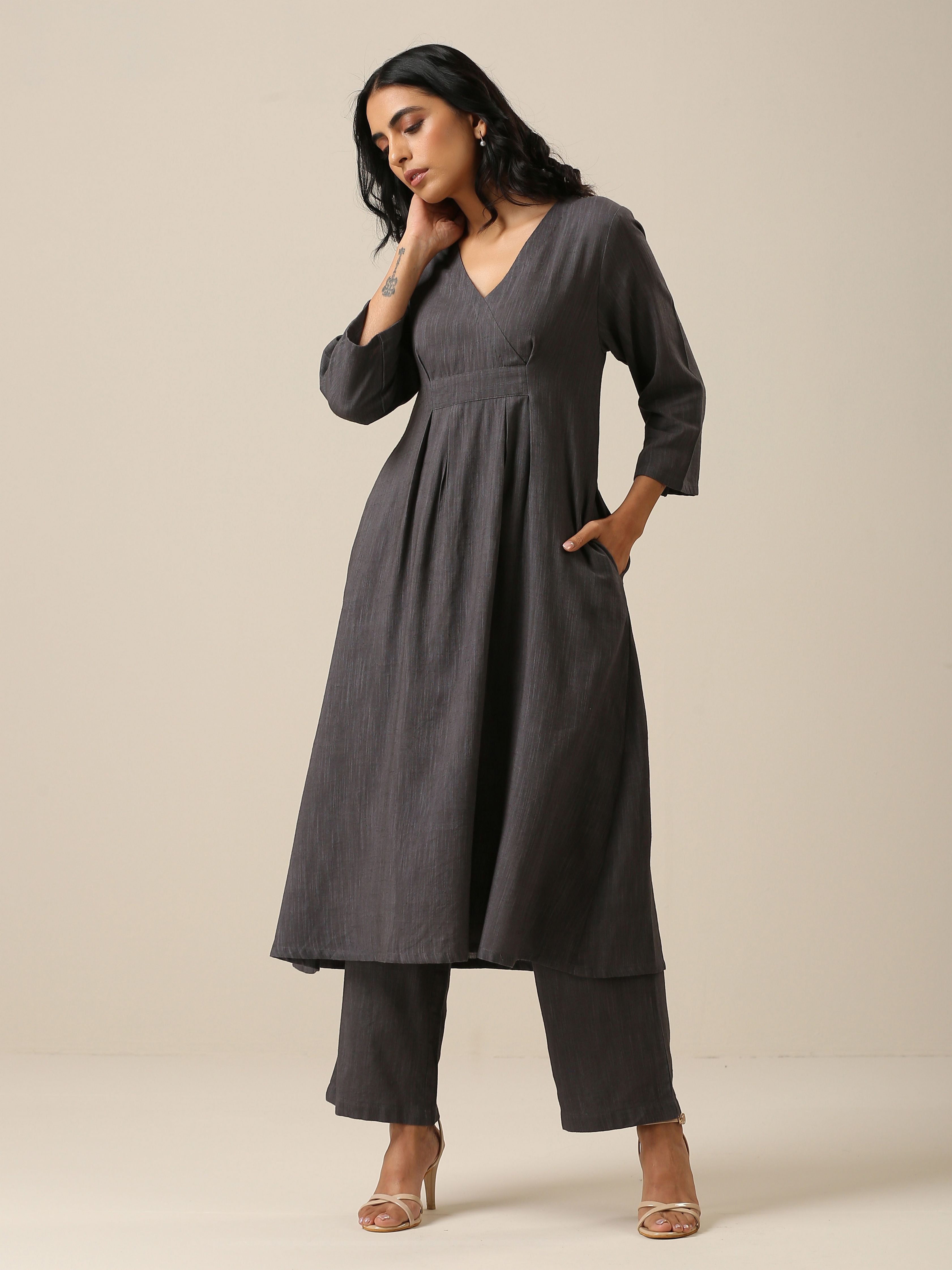 trueBrowns Slate Grey Slub Texture Overlap Pleat Kurta Pant Set | Relove
