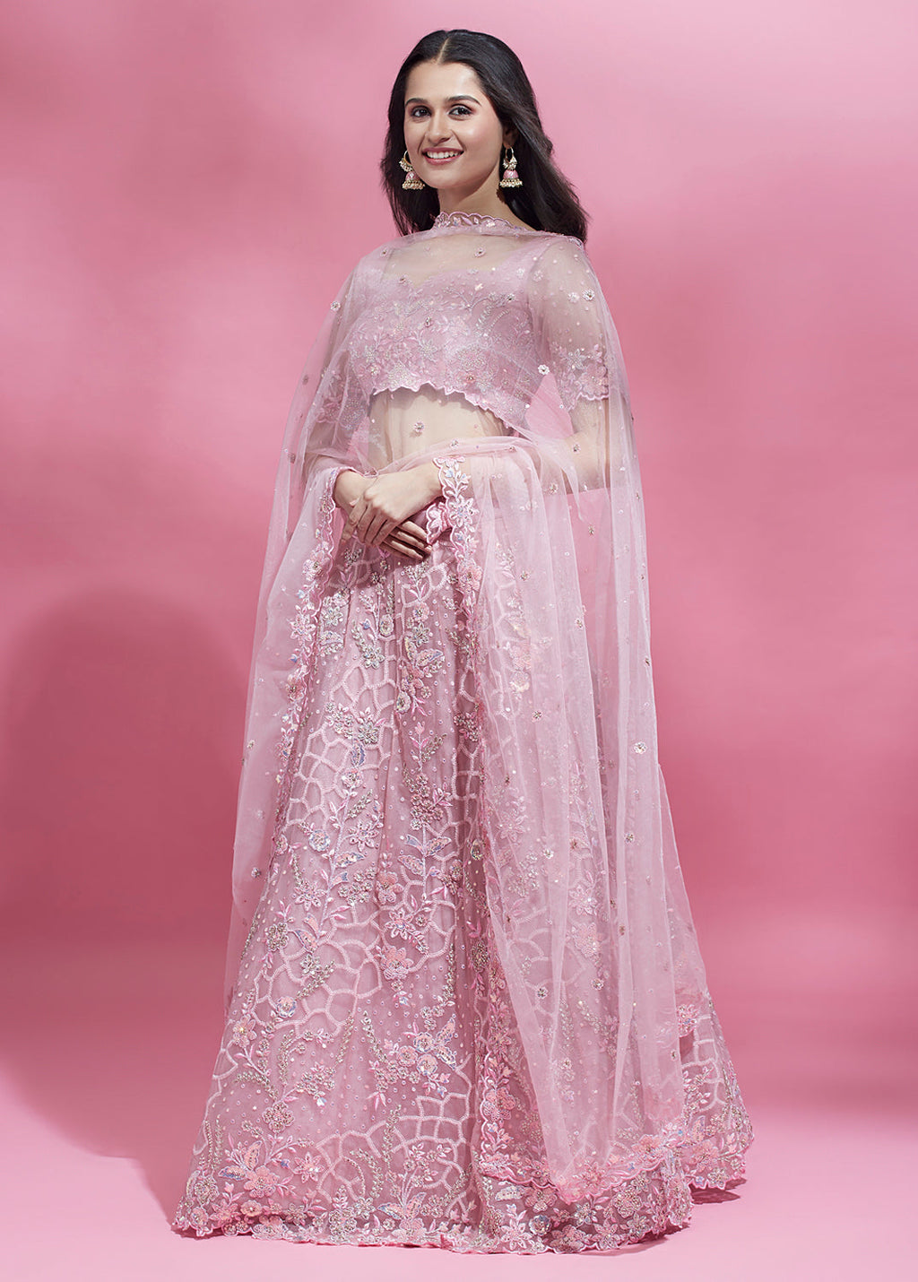 House of Panchhi Pink Color Net Sequins Work Lehenga