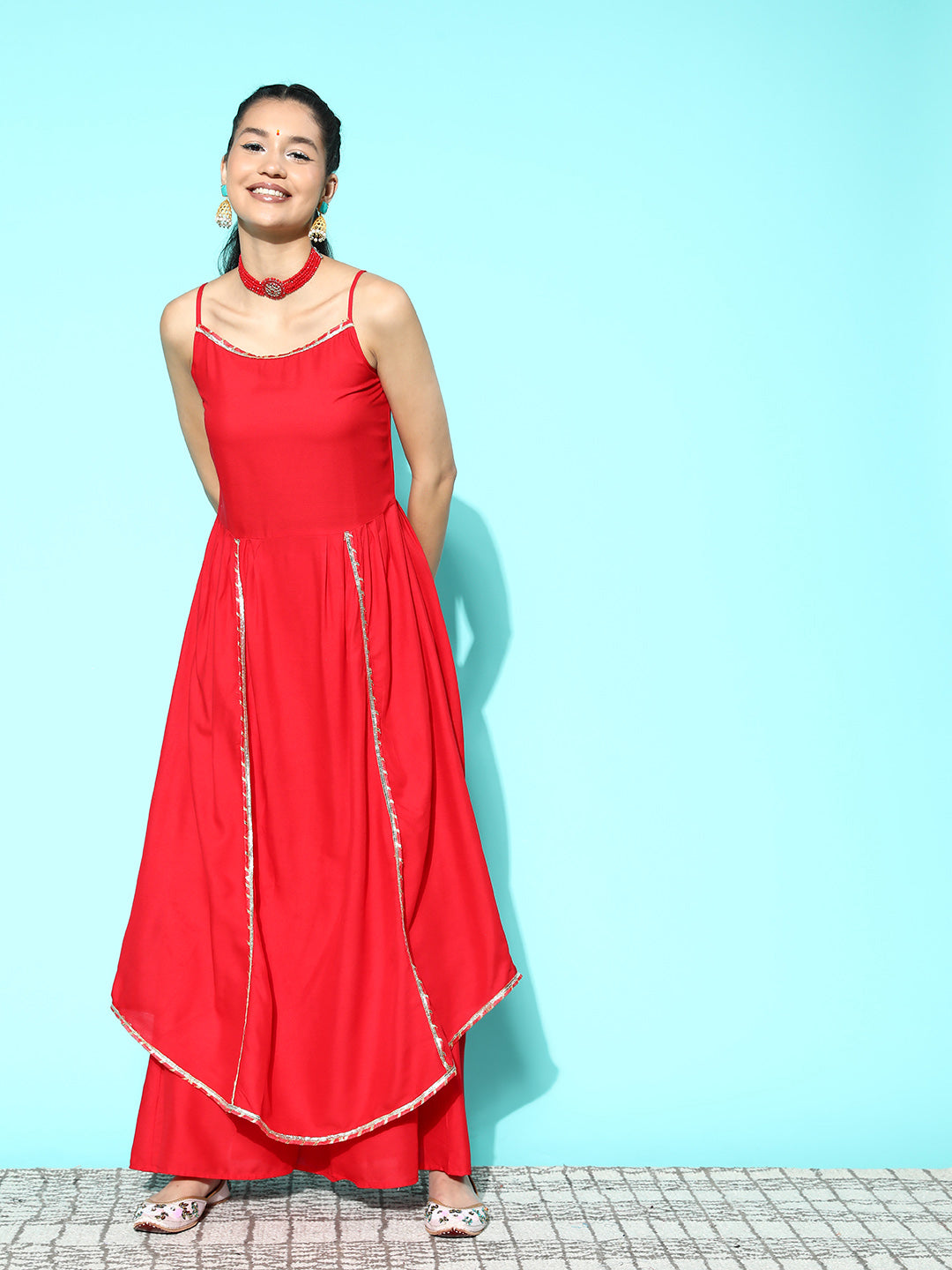 InWeave Women's Red Gota Strappy Kurta Set