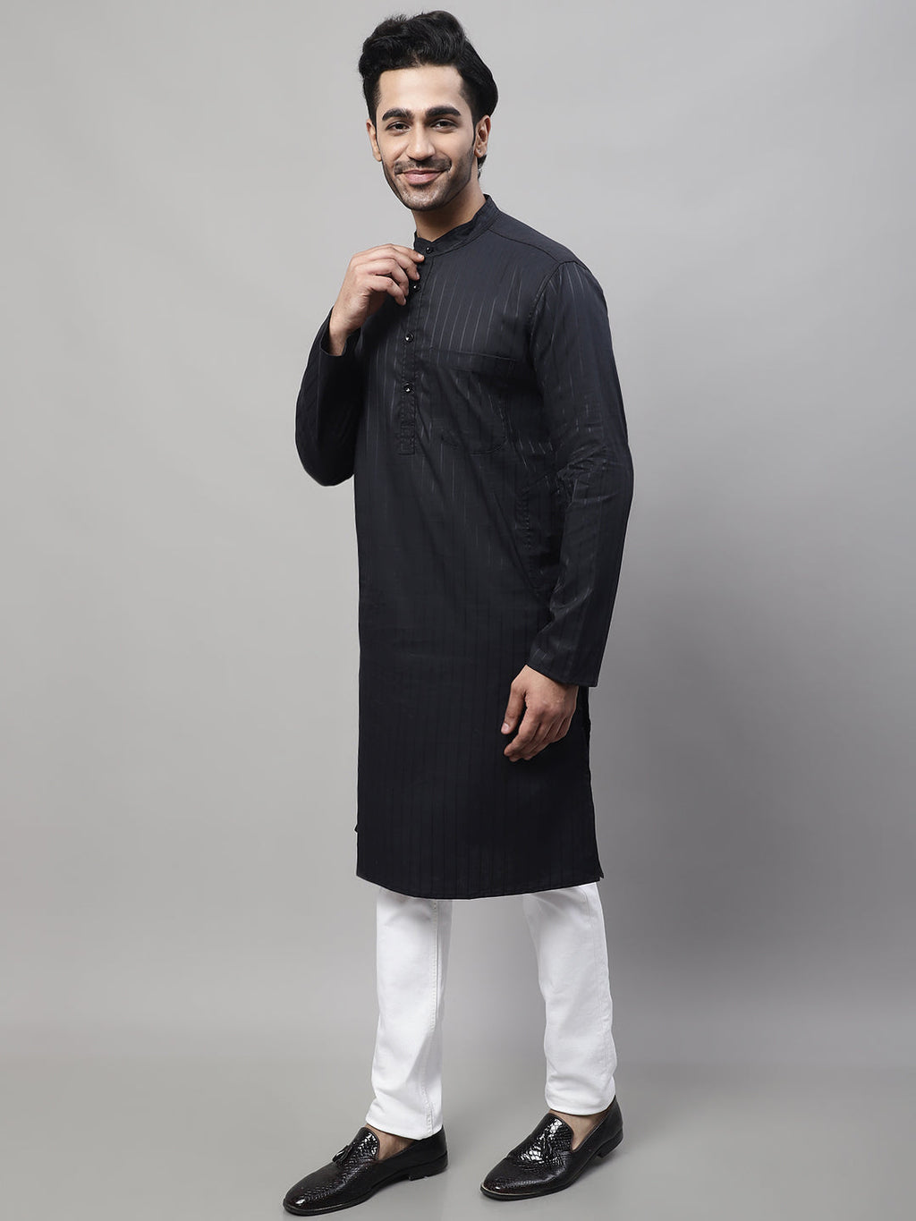 Even Apparels Black Pure Cotton Kurta With Band Collar