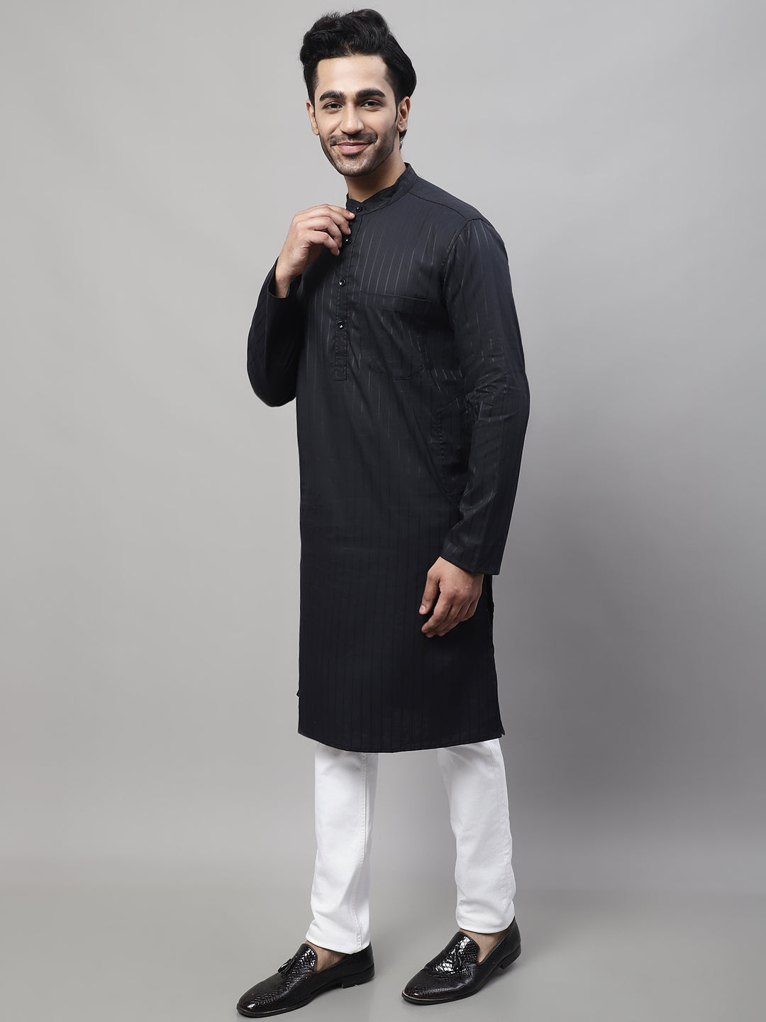 Even Apparels Black Pure Cotton Kurta With Band Collar