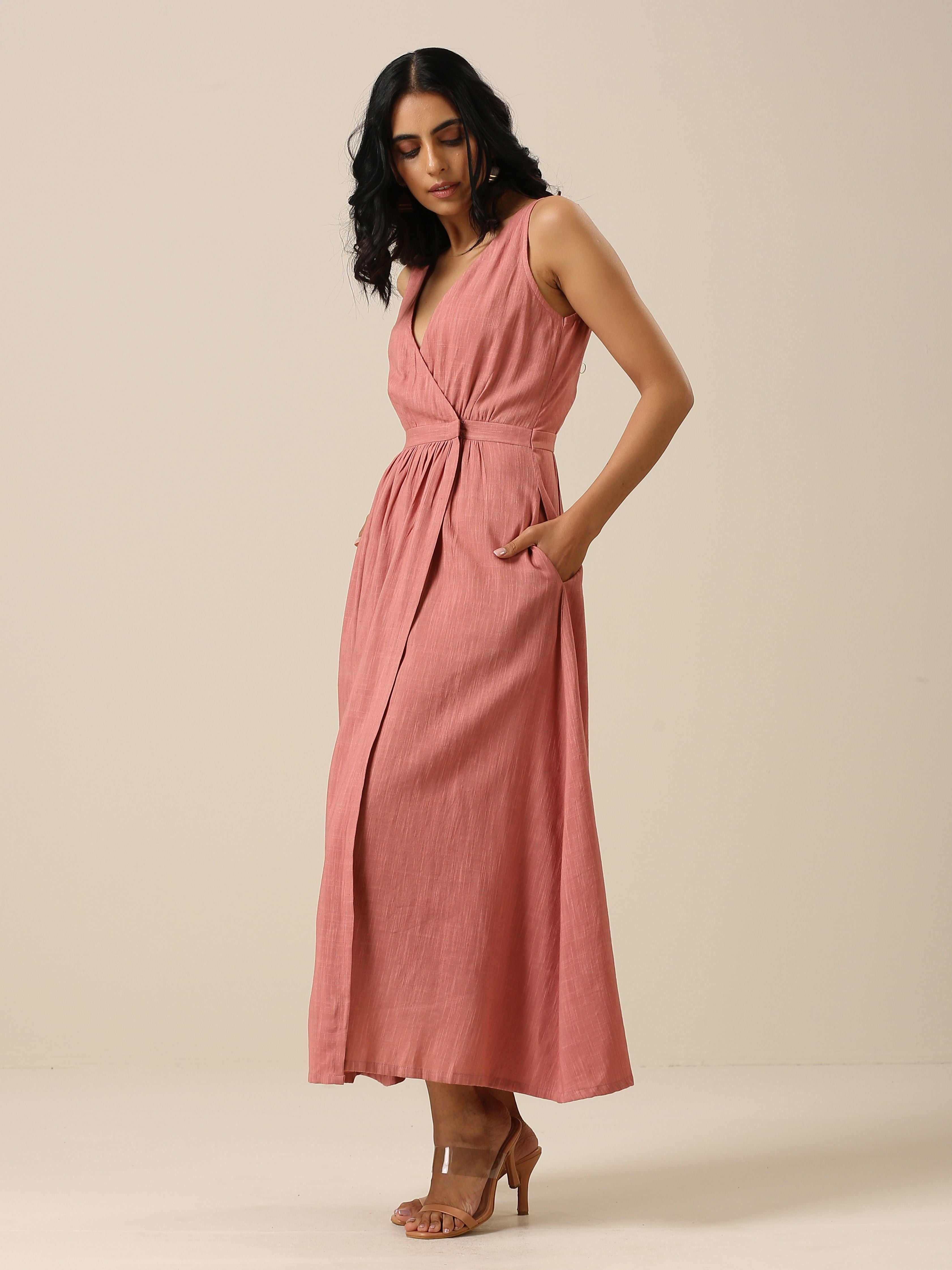 trueBrowns Light Mauve Slub Texture Sleeveless Wrap Dress