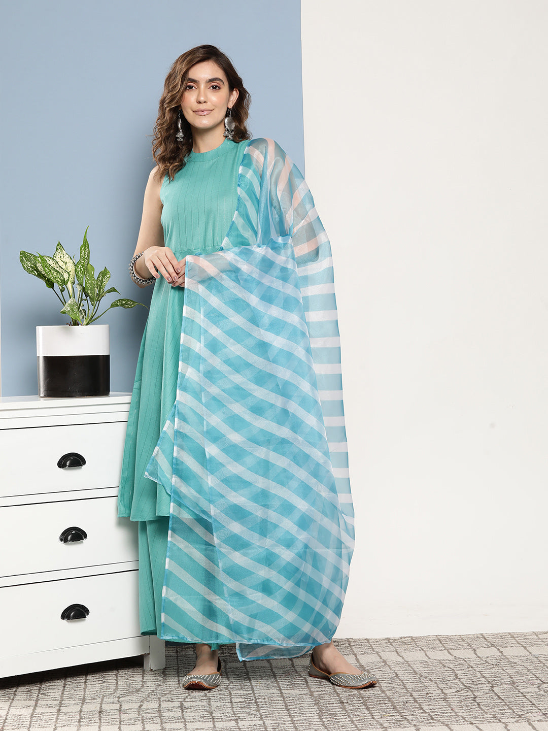 InWeave Women's Teal Lurex Boho Kurta Set With Sky Blue White Leh Dupatta