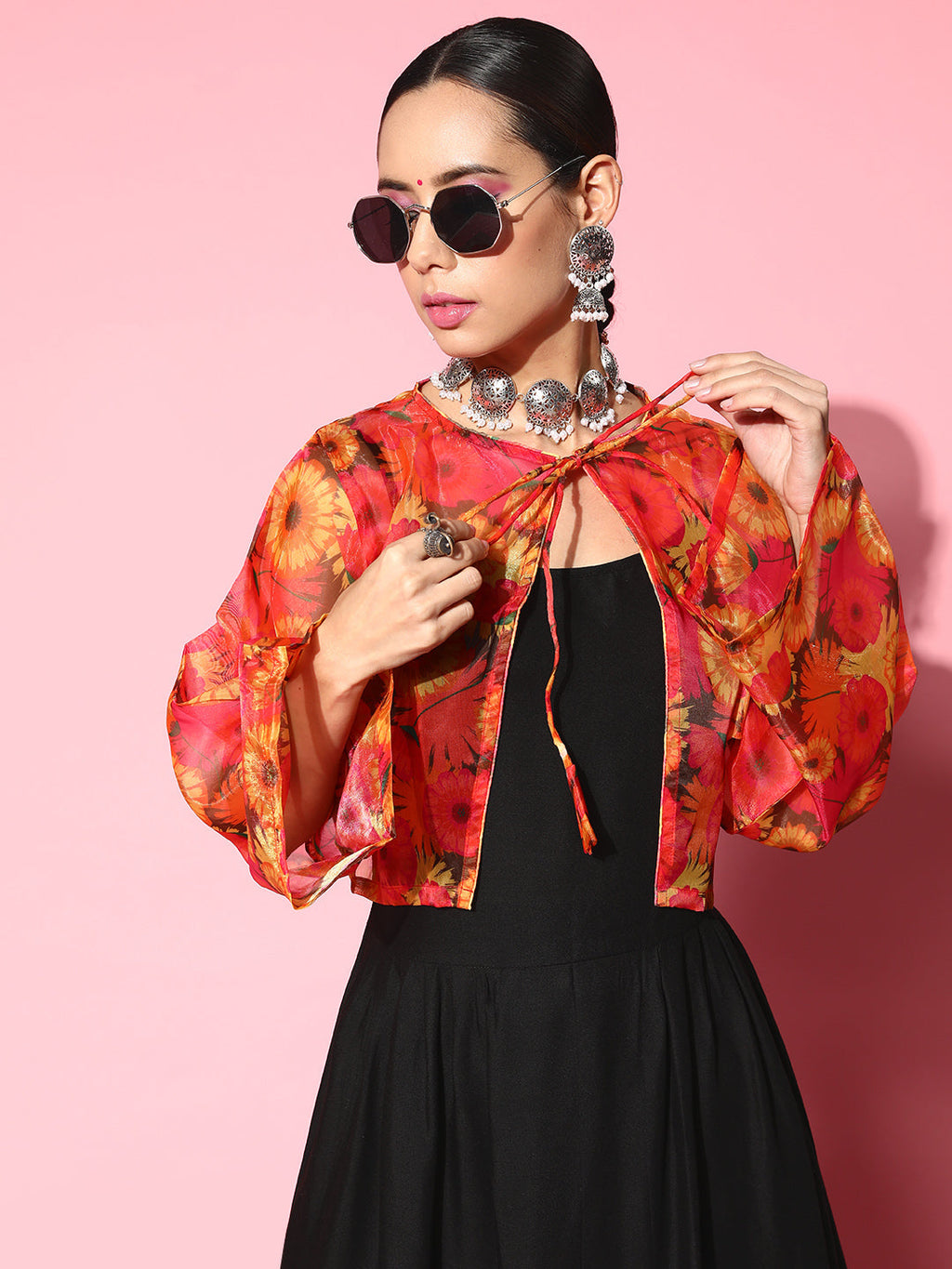 InWeave Women's Black Strappy Set With Pink Mustard Floral Short Organza Cape