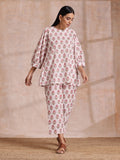 trueBrowns Pink Brown Buta On White Block Print Cotton Baggy Sleeve Co-Ord Set