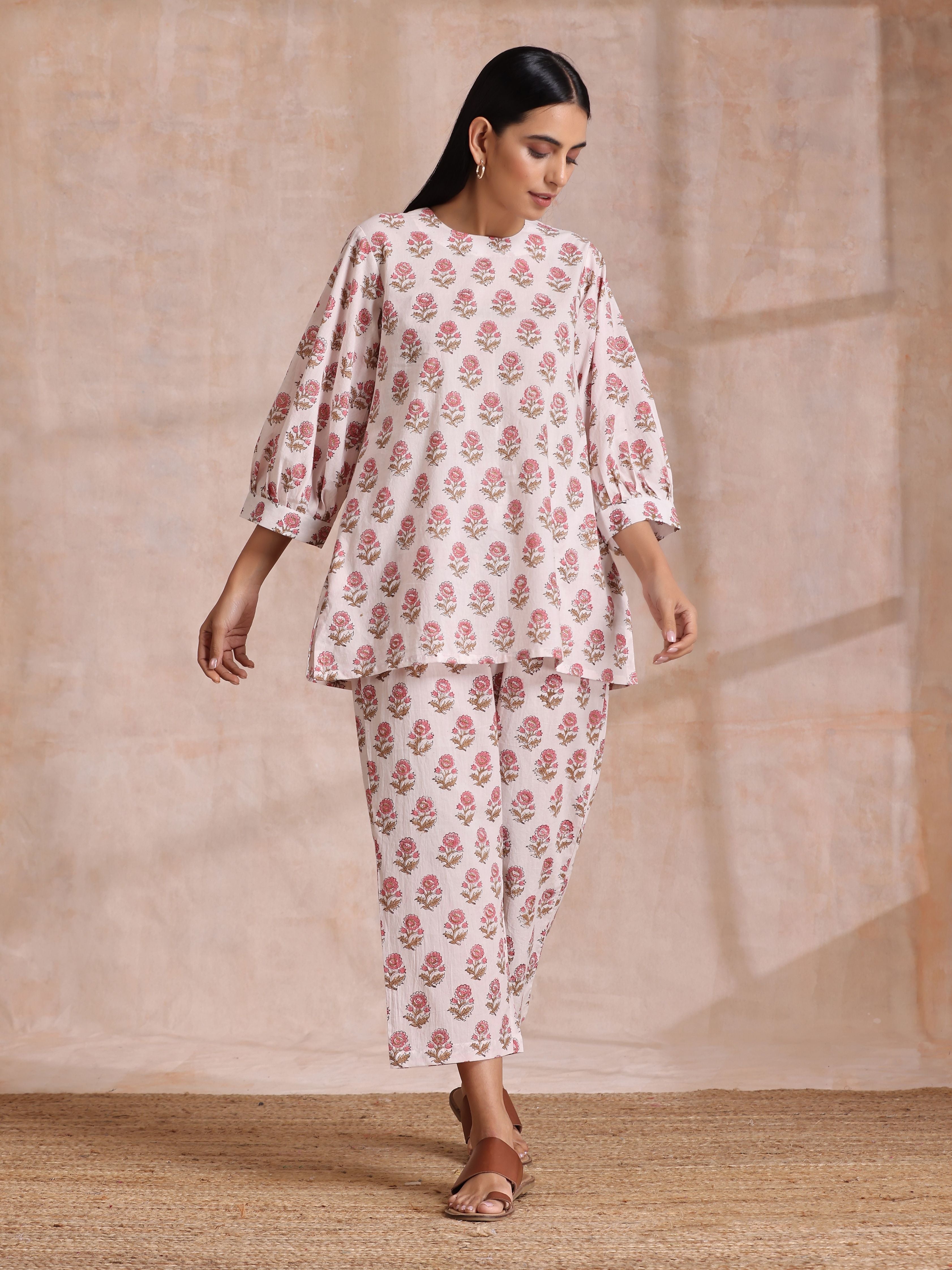 trueBrowns Pink Brown Buta On White Block Print Cotton Baggy Sleeve Co-Ord Set