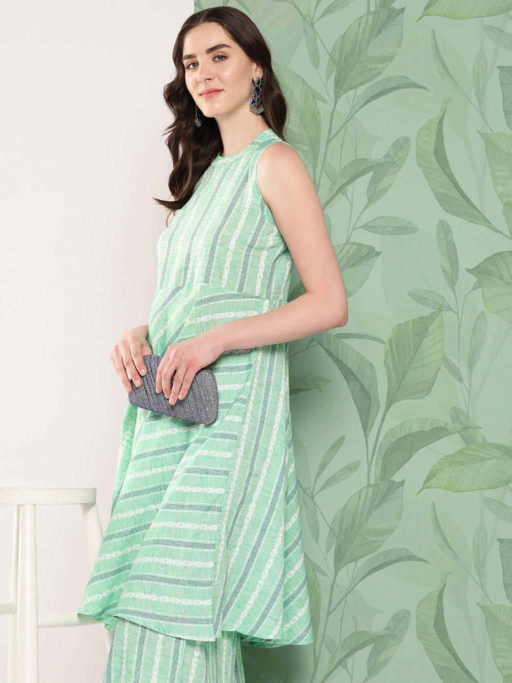 InWeave Women's Teal Kantha Striped Kurta Set