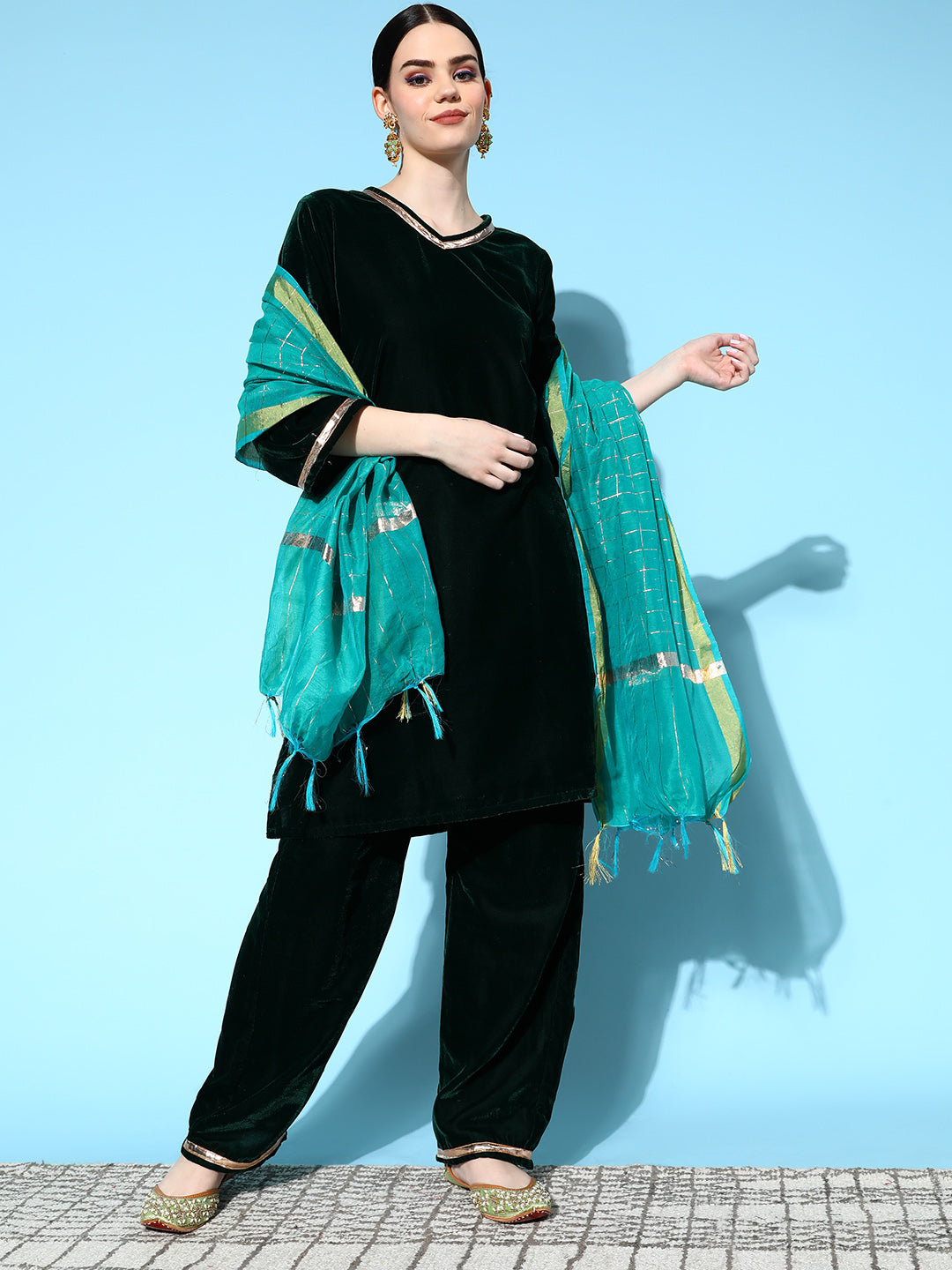 InWeave Women's Green Velvet Kurta Set With Teal Gold Check Dupatta