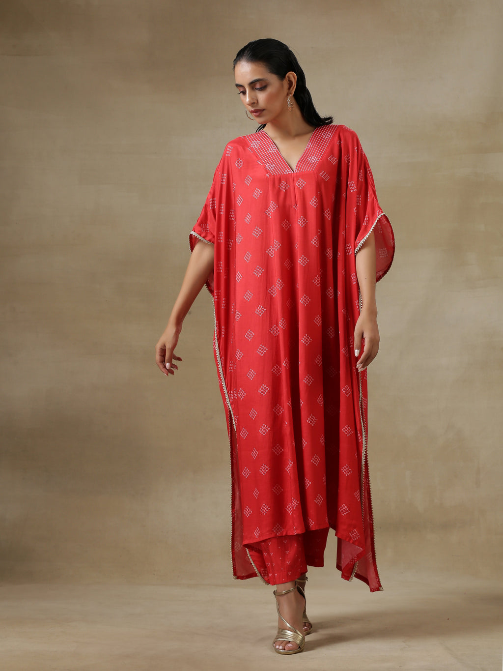 trueBrowns Red Bandhani Printed Silk Panel Kaftan Kurta Pant Set
