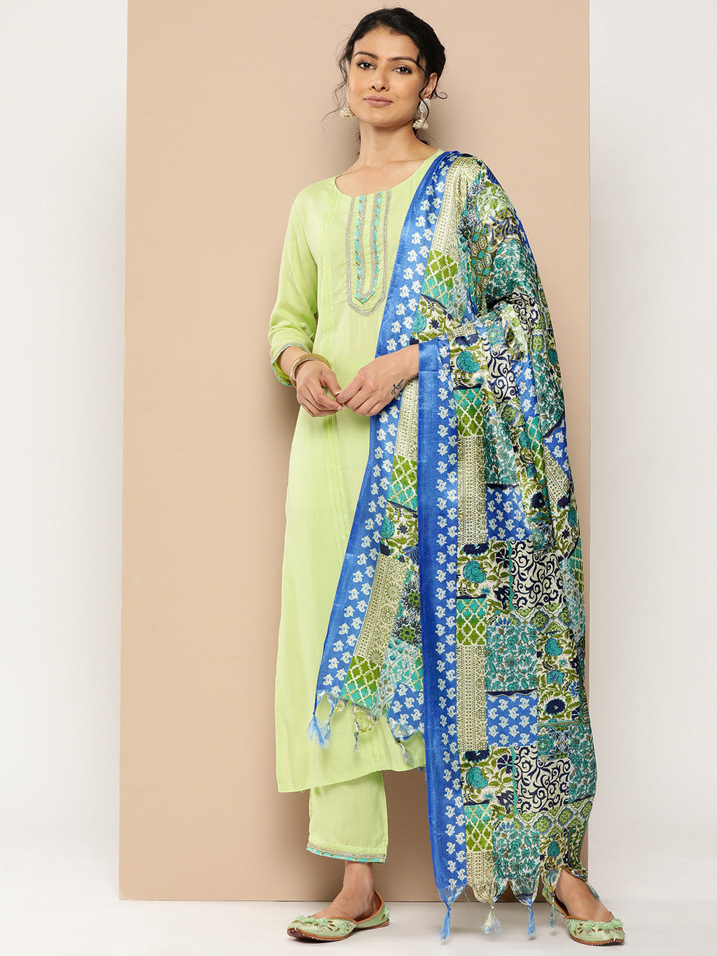 KSUT (House of Varanga) Green Kurta With Lace Embellishment Paired With Straight Pant And Dupatta
