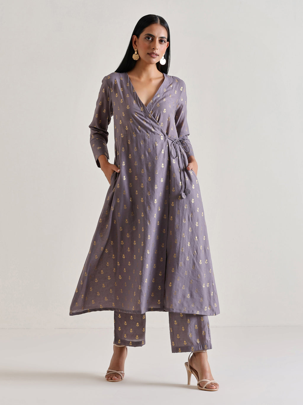 trueBrowns Plum Grey Foil Angrakha Kurta Set