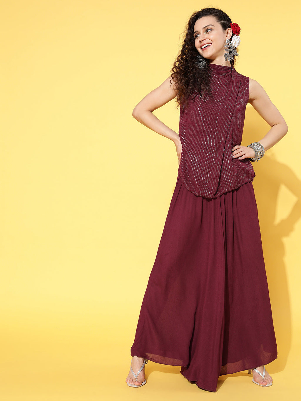InWeave Women's Maroon Lurex Top With Flared Palazzo